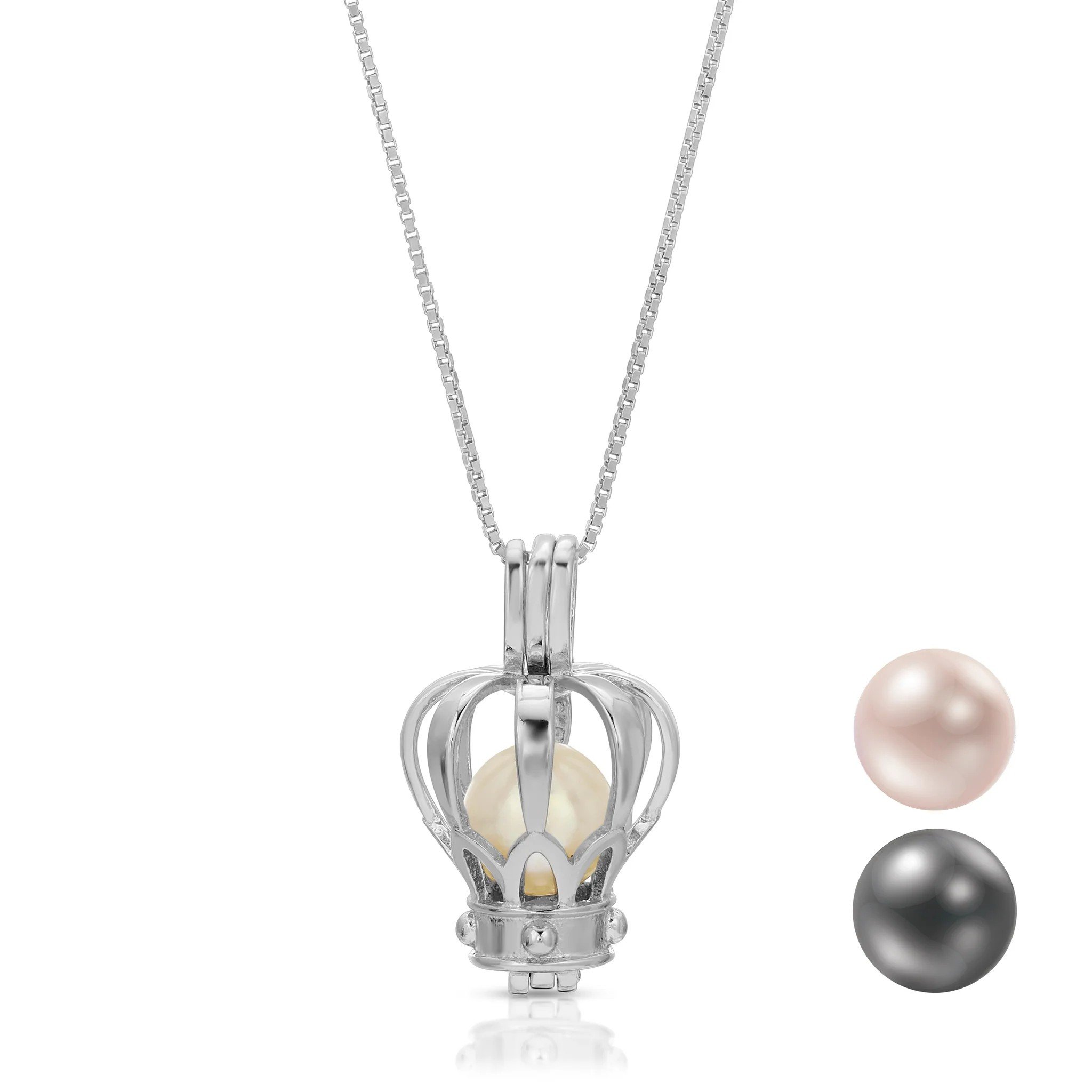 A silver necklace with a crown-shaped pendant containing a pearl, and two additional pearls, one pink and one black, displayed on a white background.