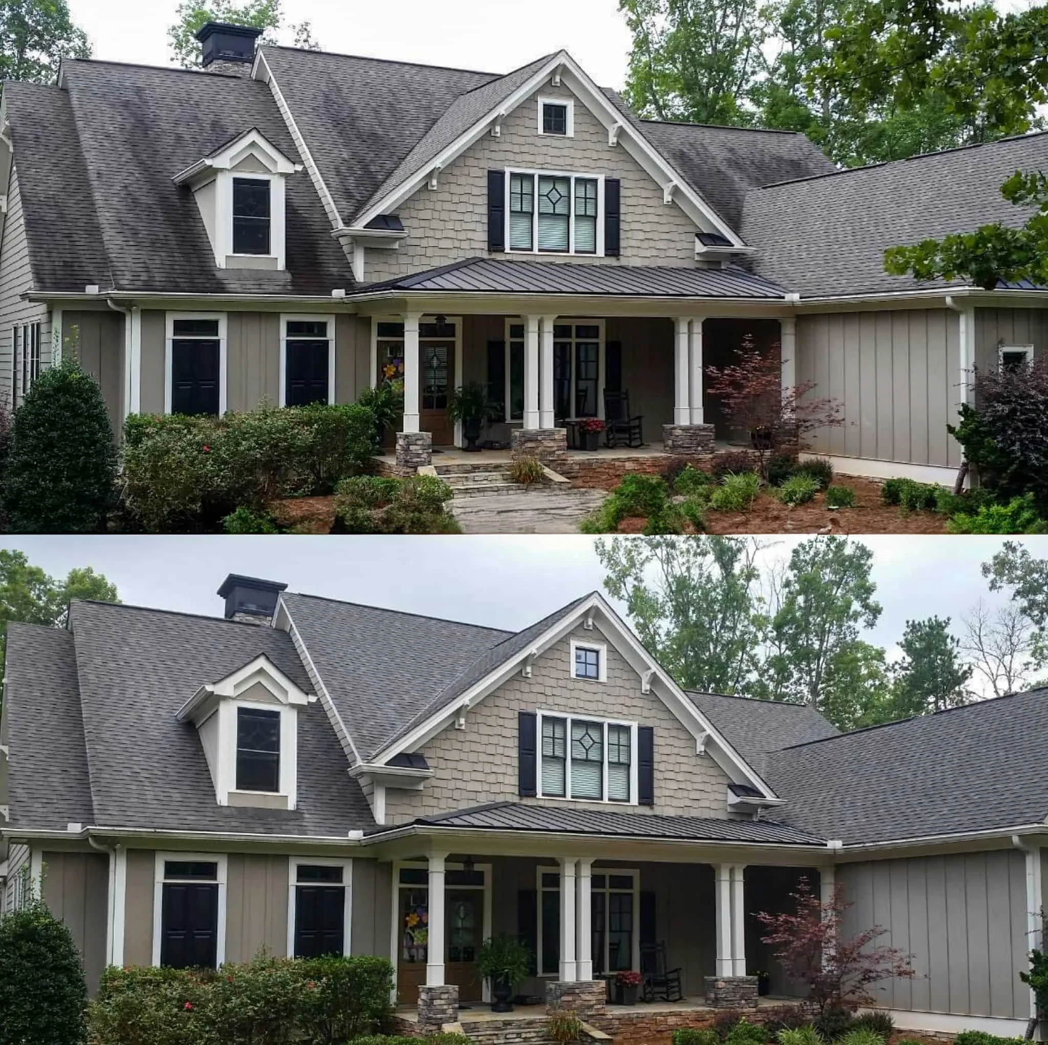 Side-by-side comparison of a house front, with the top image showing the house before renovation and the bottom image showing the after renovation, highlighting changes in windows and exterior details.