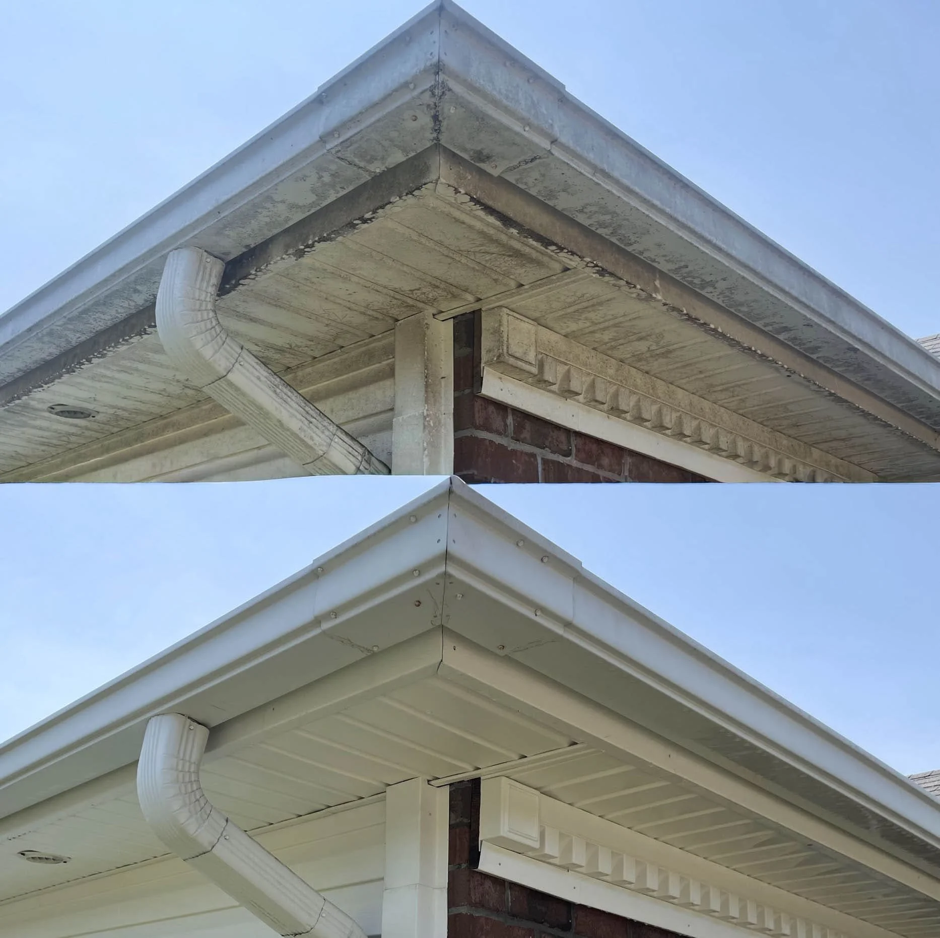 Comparison of the underside of a house gutter and soffit, showing an old, dirty, and damaged gutter and soffit in the top image, contrasted with a soft washed clean gutter and soffit in the bottom image.