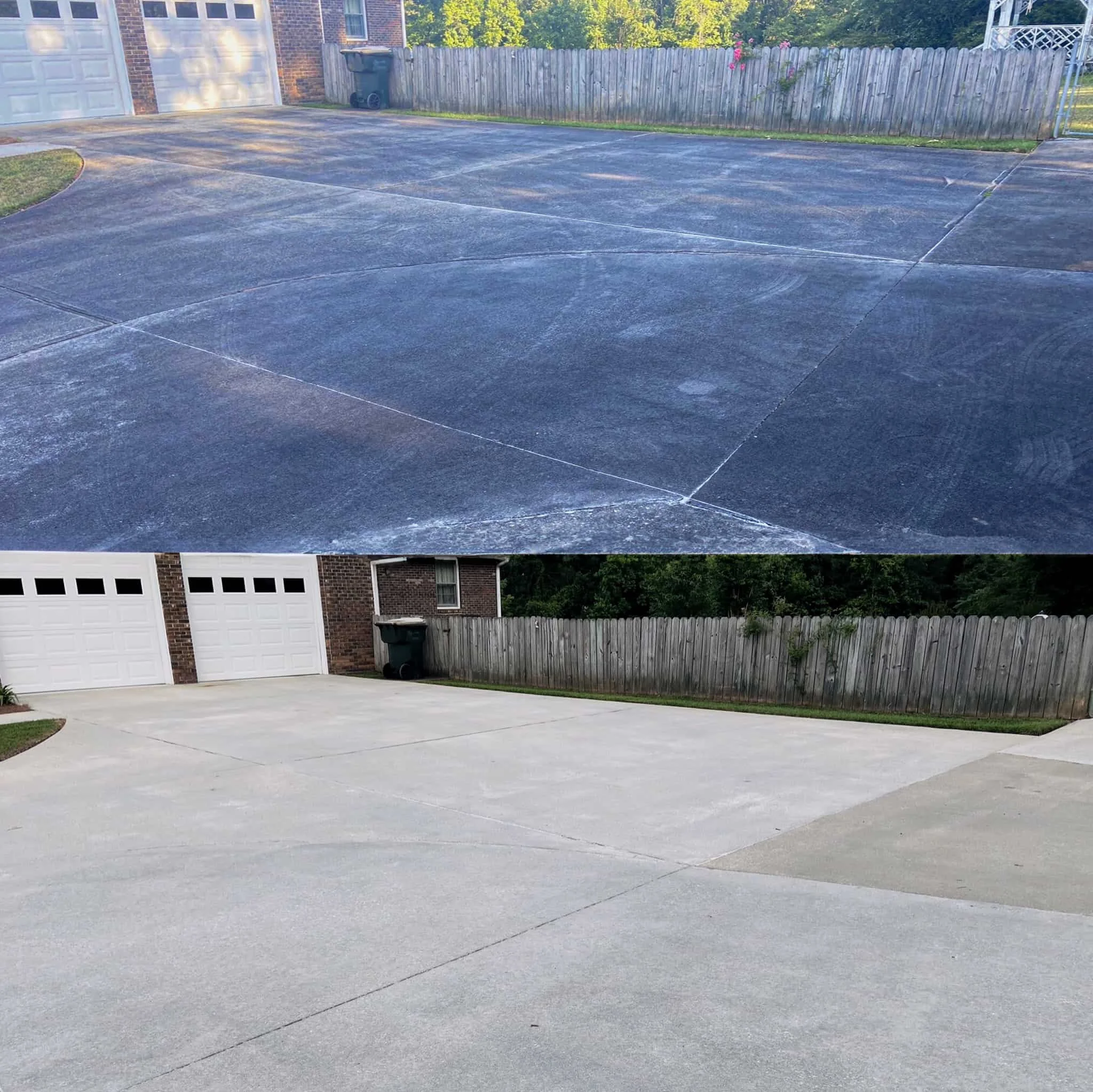 Before and after images of a driveway, showing a transformation from darker, weathered asphalt to a clean, pressure washed and soft washed like-new concrete surface.