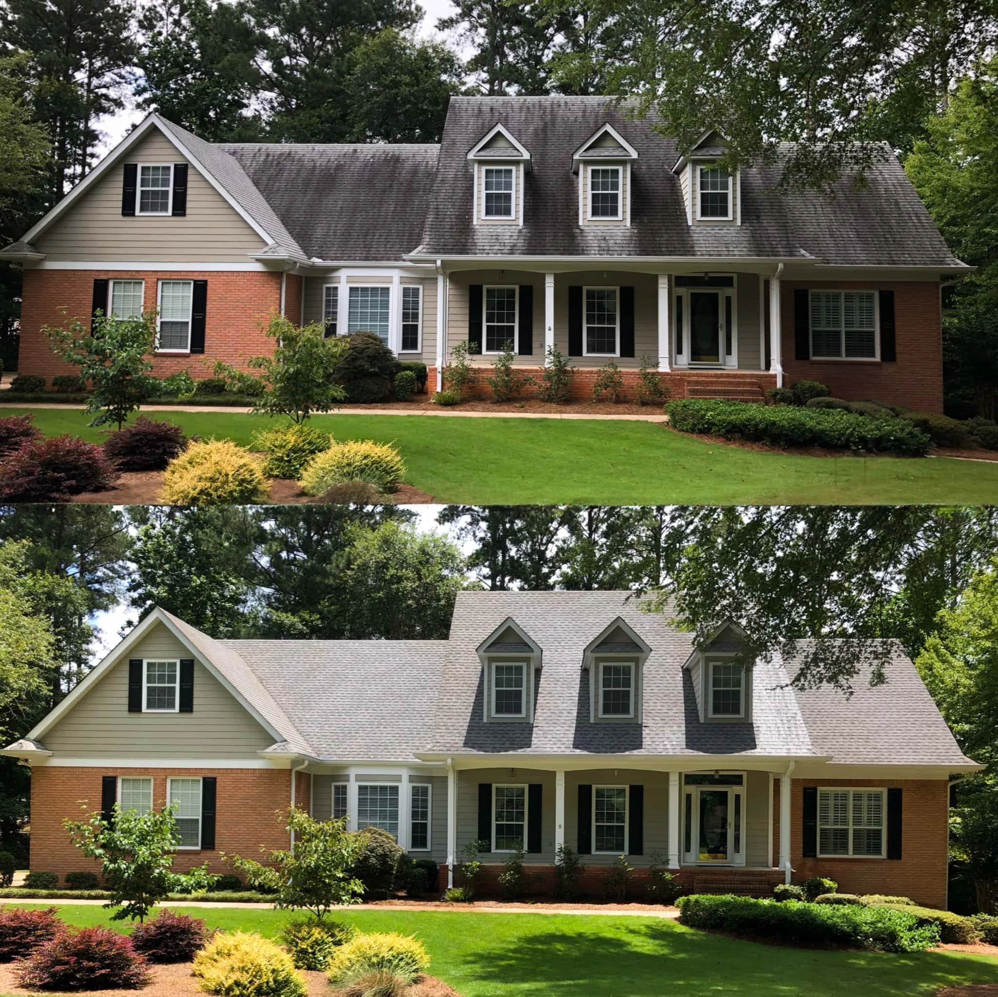 Before and after comparison of house and roof wash,  surfaces cleaned with soft washing show roof and siding on a two-story brick and painted siding house with a front porch and landscaped yard.