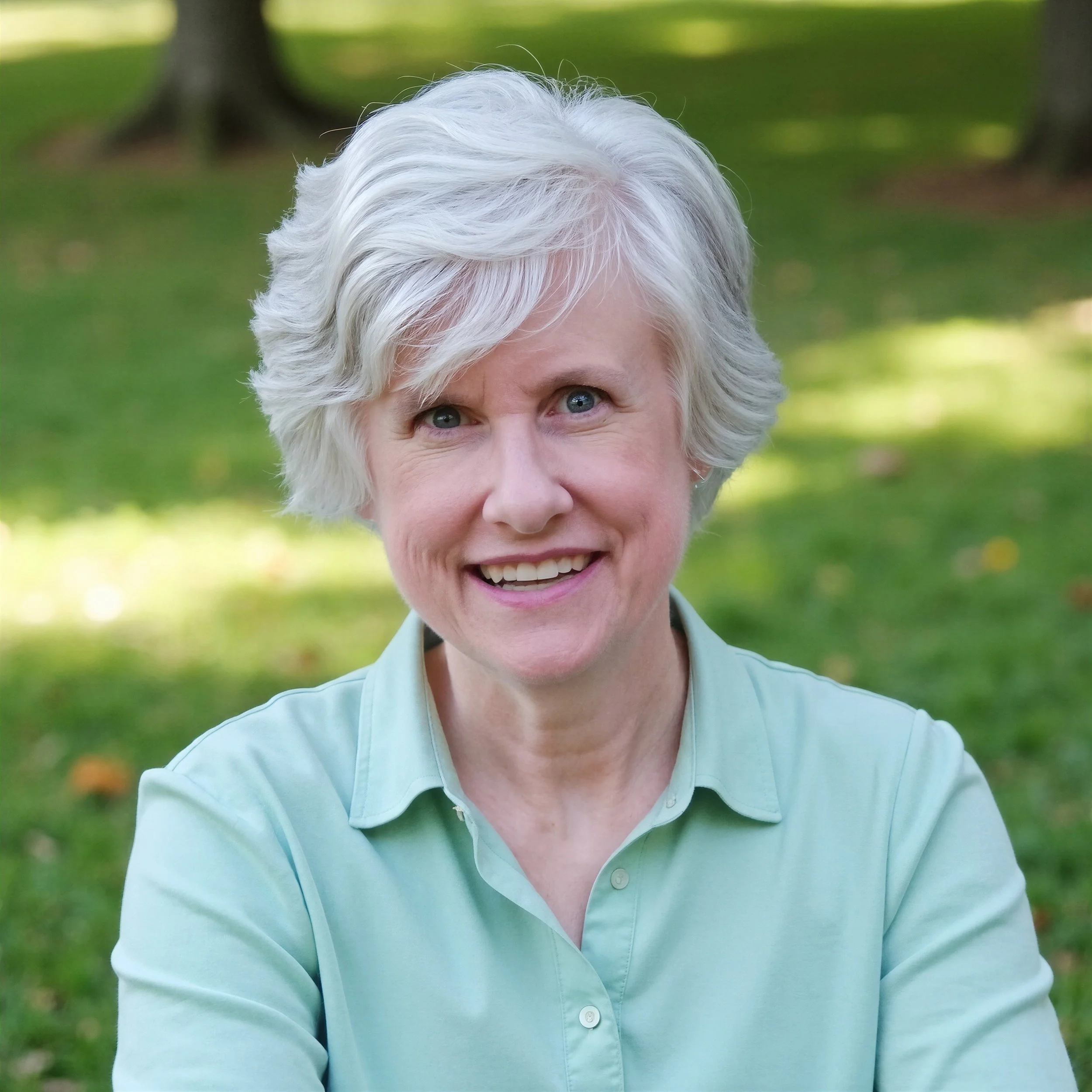 Cynthia Barron Mead, founder of The Mead Law Firm, LLC, smiling and wearing a green pastel shirt, outdoors in a park with green grass and trees in the background.