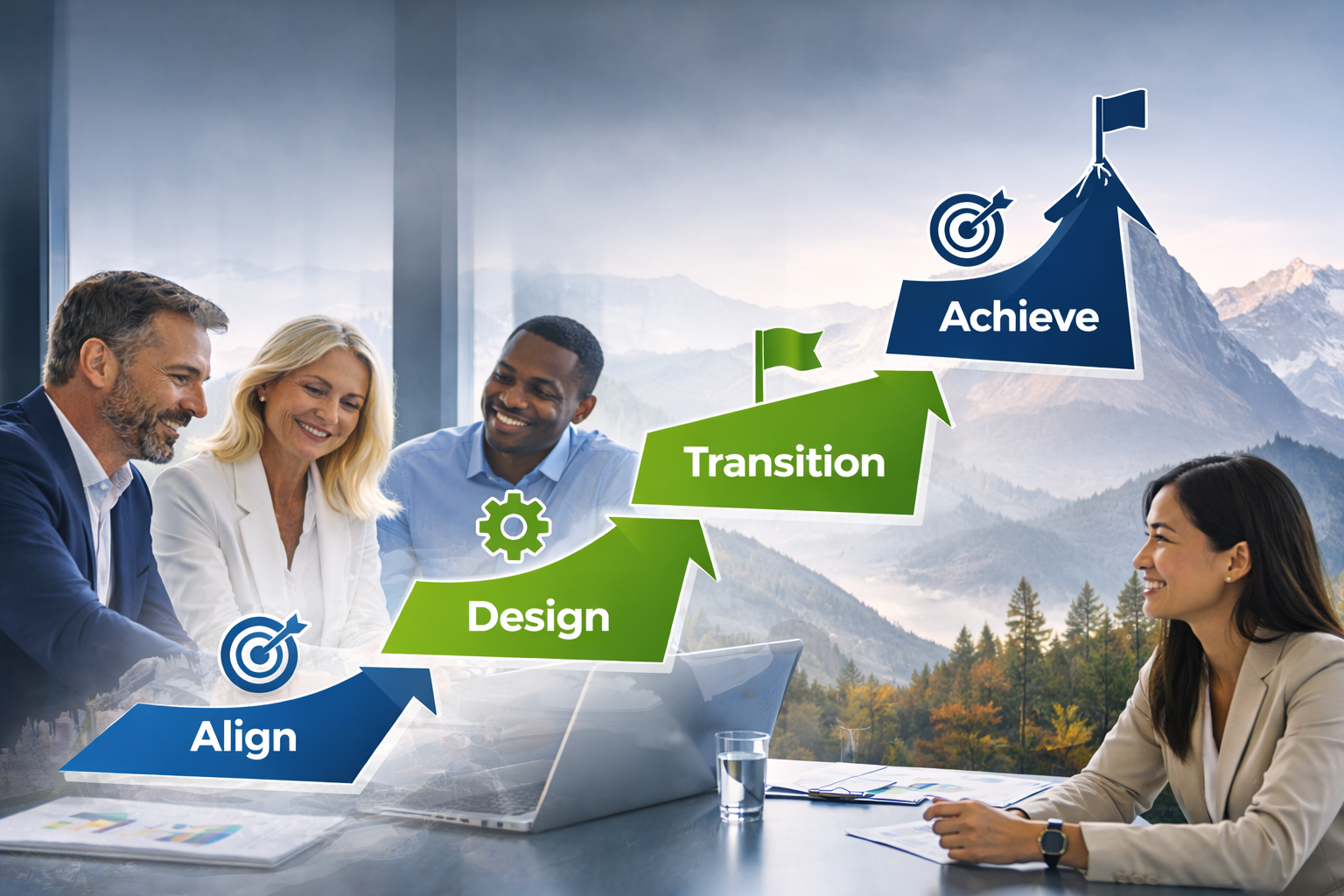 A group of four smiling business professionals in a meeting room with a mountain view. Overlaid diagram shows a progression from 'Align' to 'Design,' 'Transition,' and 'Achieve,' with target icons at each stage.