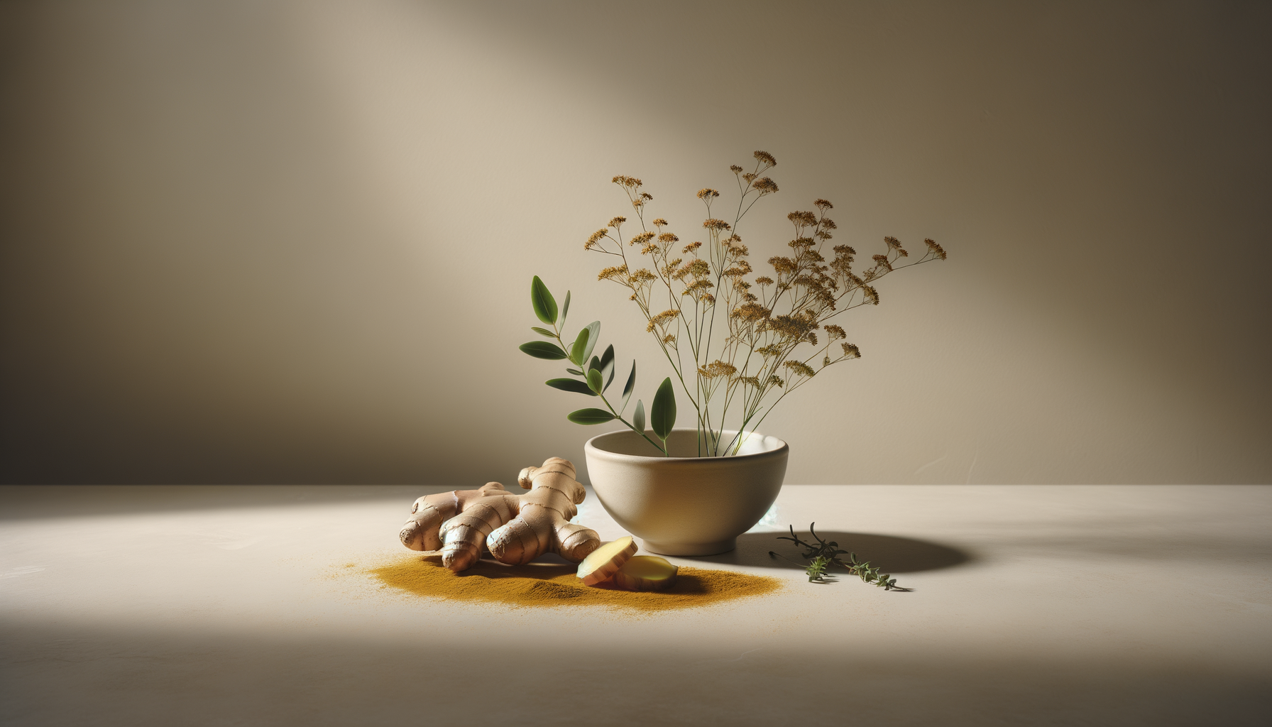 A bowl of dry herbs with fresh green leaves, ginger root, sliced ginger, black pepper, and thyme on a white surface with a plain background.