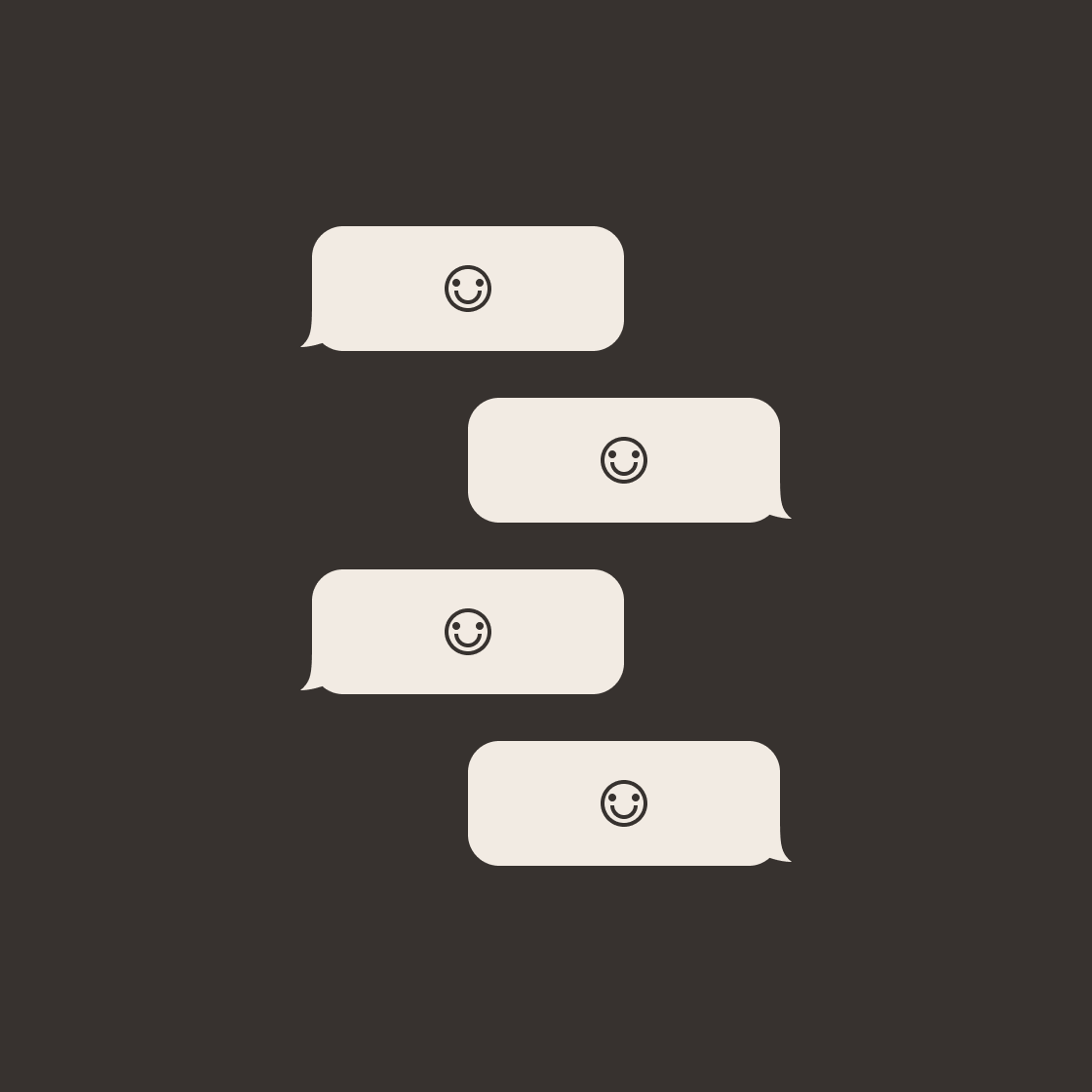 Four speech bubbles with smiley face emoticons on a dark background.