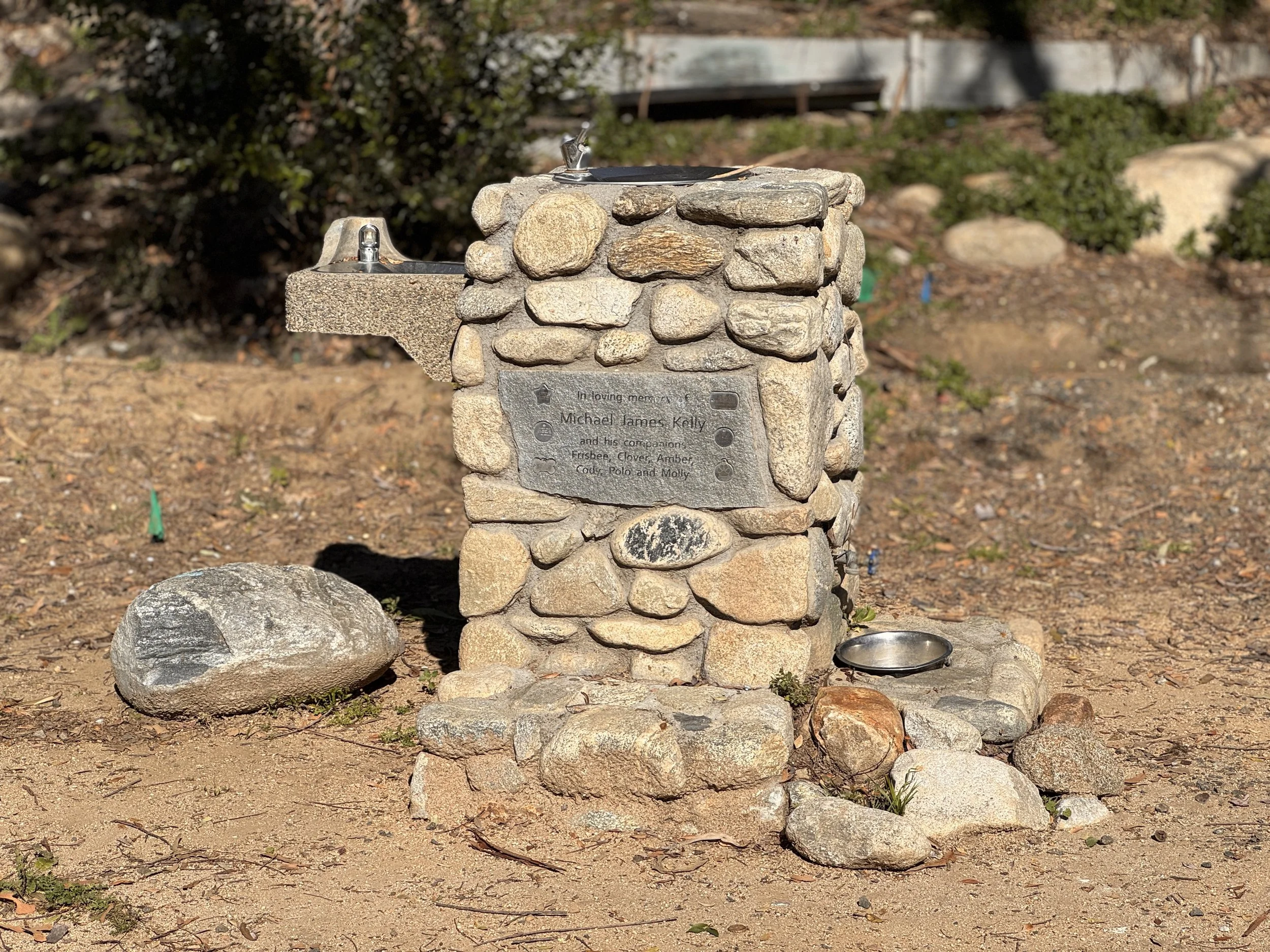 Memorial fountain on the Studio City Greenway Trail beside the LA River 