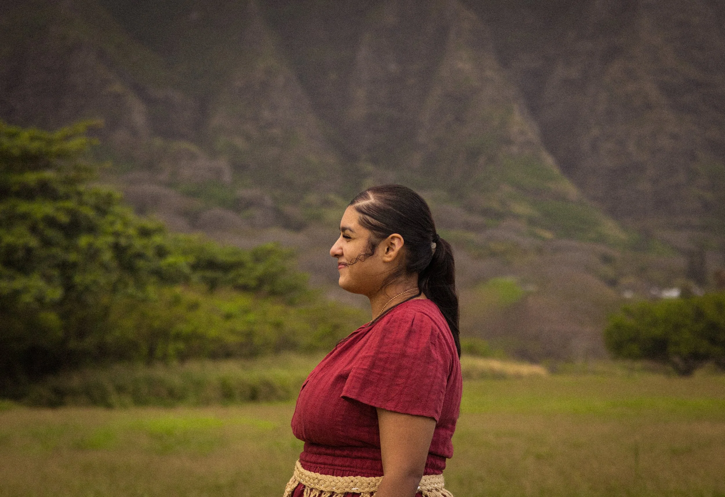 A woman in a red dress standing in a grassy field with mountains and green trees in the background.