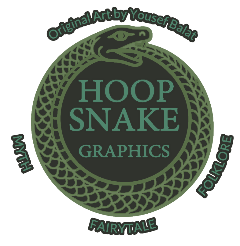 Green circular logo with a snake illustration wrapped around with the text 'HOOP SNAKE GRAPHICS' in the center. Around the logo, it says 'Original Art by Yousef Balat,' 'MYTH,' 'FAIRYTALE,' 'FOLKLORE'.