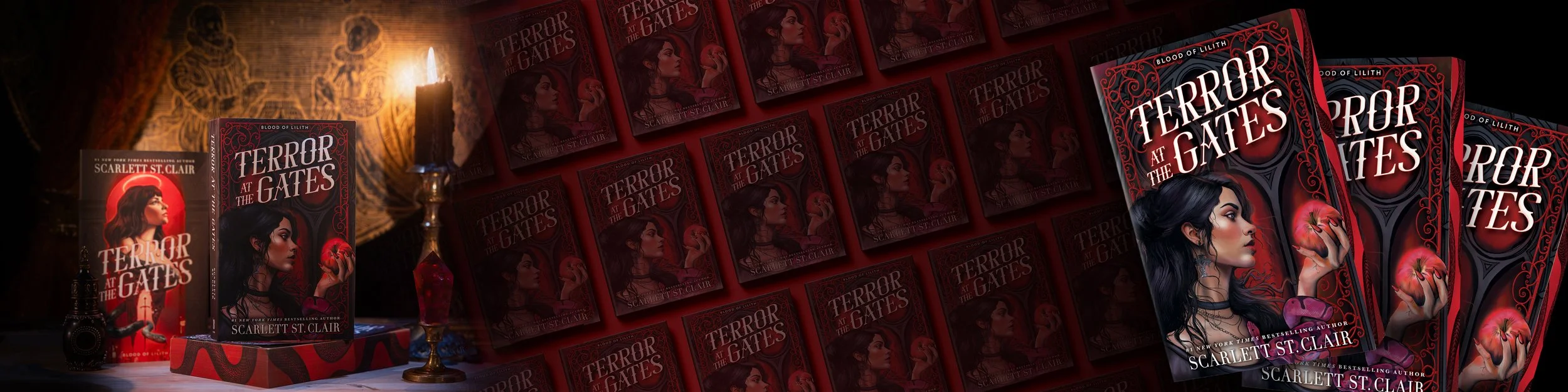 Multiple copies of a book titled 'Terror at the Gates' arranged in a pattern, featuring a woman with long dark hair holding a mask, with a dark red and black color scheme.