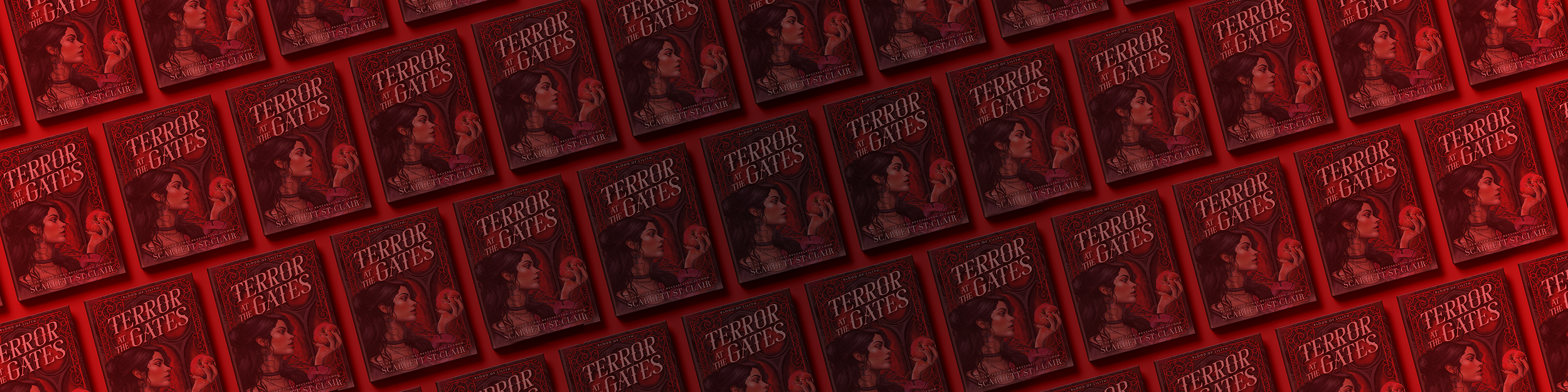 Multiple copies of a book titled 'Terror at the Gates' arranged in a pattern, featuring a woman with long dark hair holding a mask, with a dark red and black color scheme.