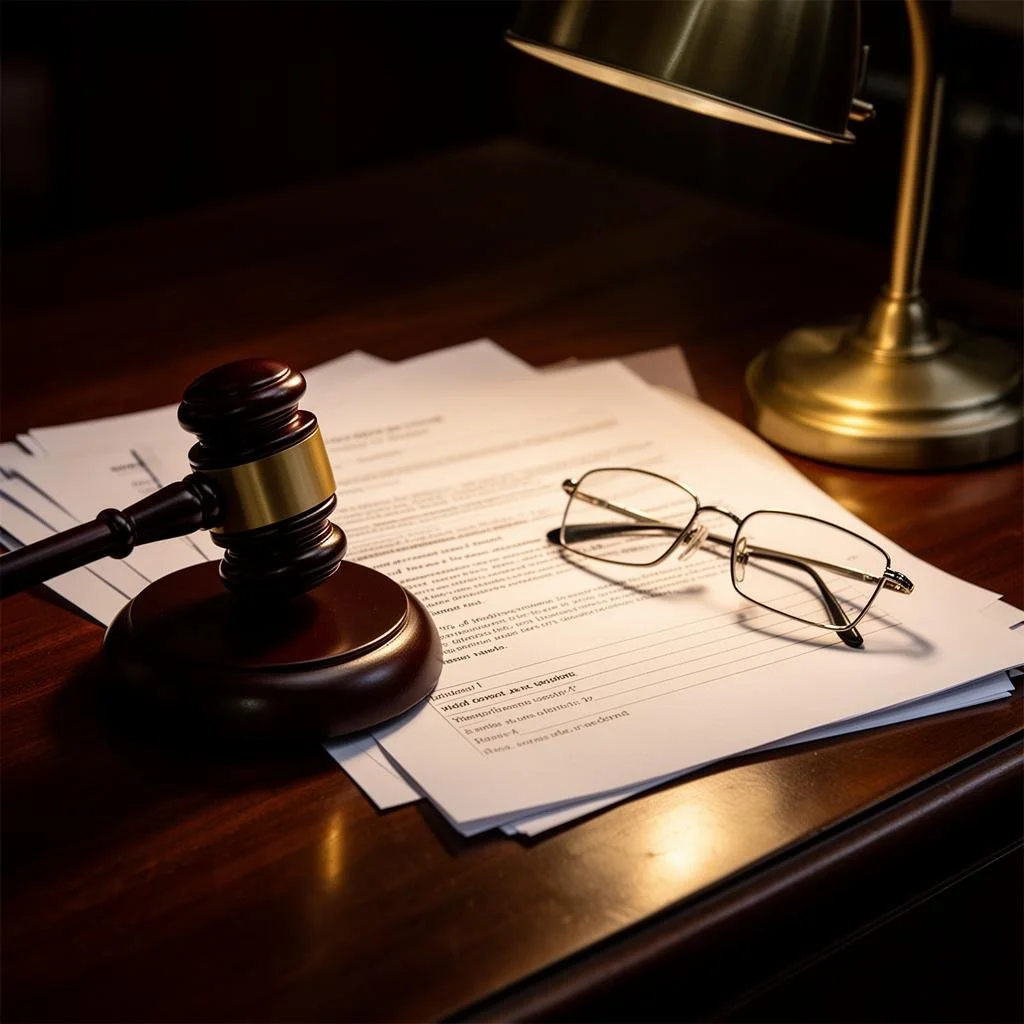 A judge's gavel, eyeglasses, lamp, and legal documents on a wooden desk.