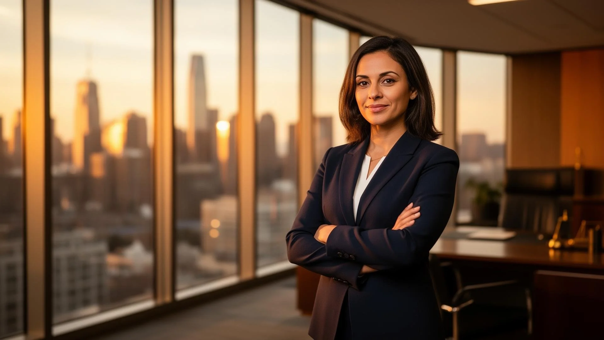 A professional woman in a dark blazer standing with arms crossed in a modern office with large windows showing a city skyline at sunset.