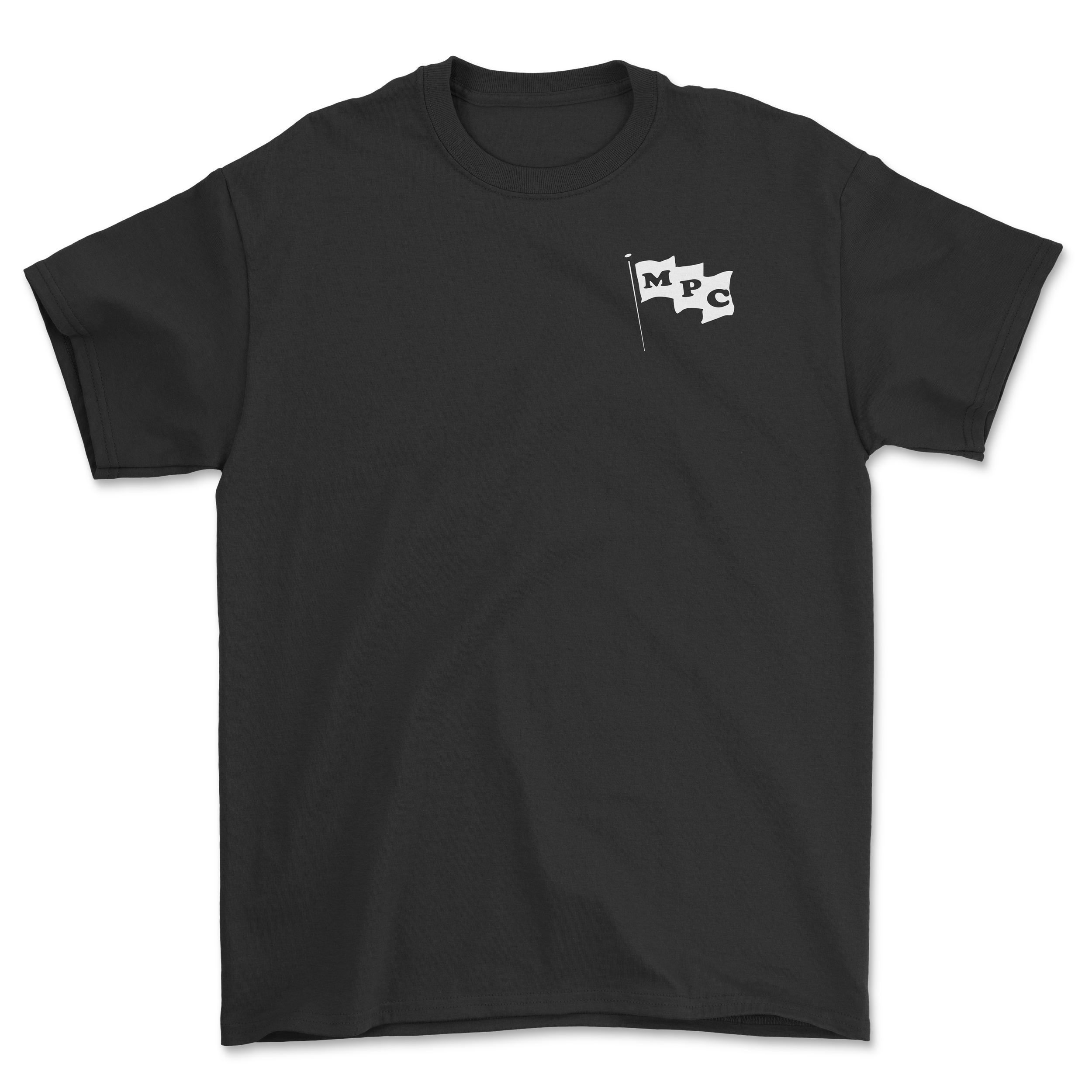 Gray T-shirt with a small white flag graphic on the left chest area, featuring three black letters 'M', 'P', and 'C' arranged vertically.