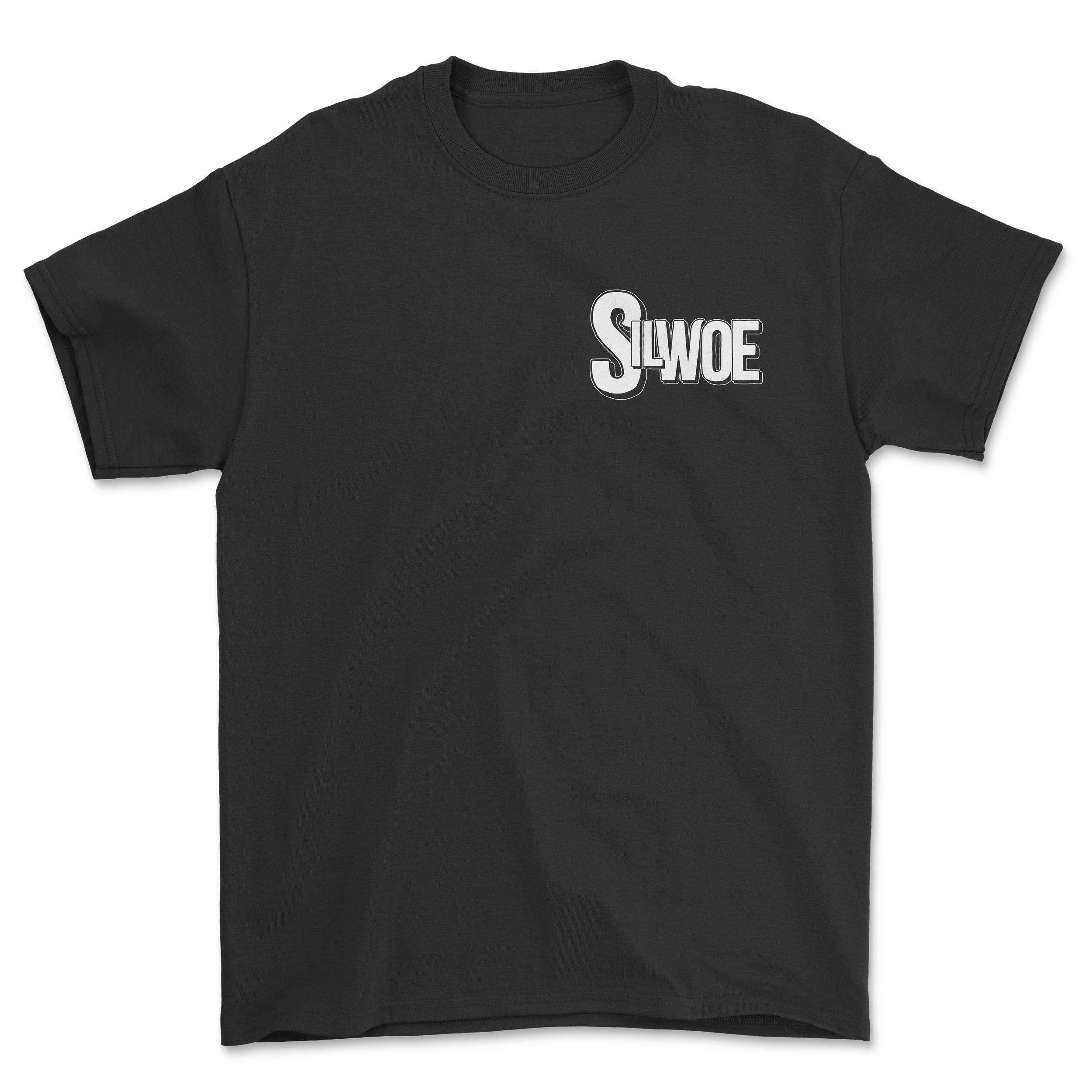 Black T-shirt with white stylized text logo reading 'SLOME' on the front