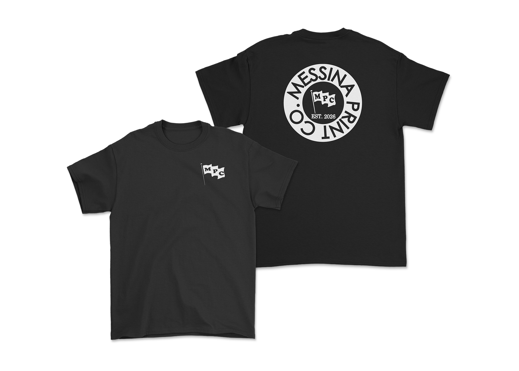 Two black T-shirts, one with a small logo on the front left chest area and the other with a large circular logo on the back, both featuring a flag with the letters 'MPC', the text 'EST. 2026', and the words 'MESSINA PRATIC CO'.