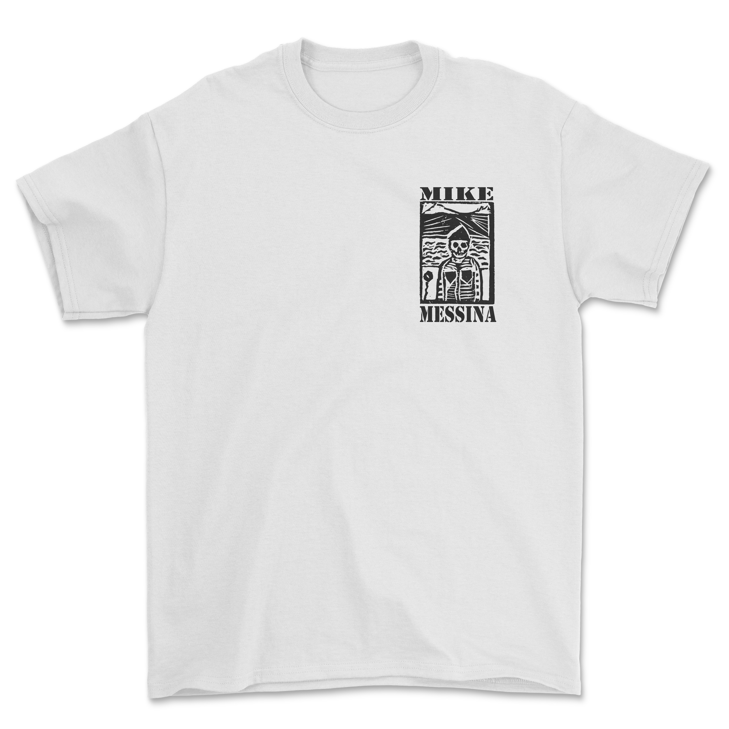 White T-shirt with a black graphic design featuring a skeleton in an outdoor landscape with text 'MIKE MESSINA'.