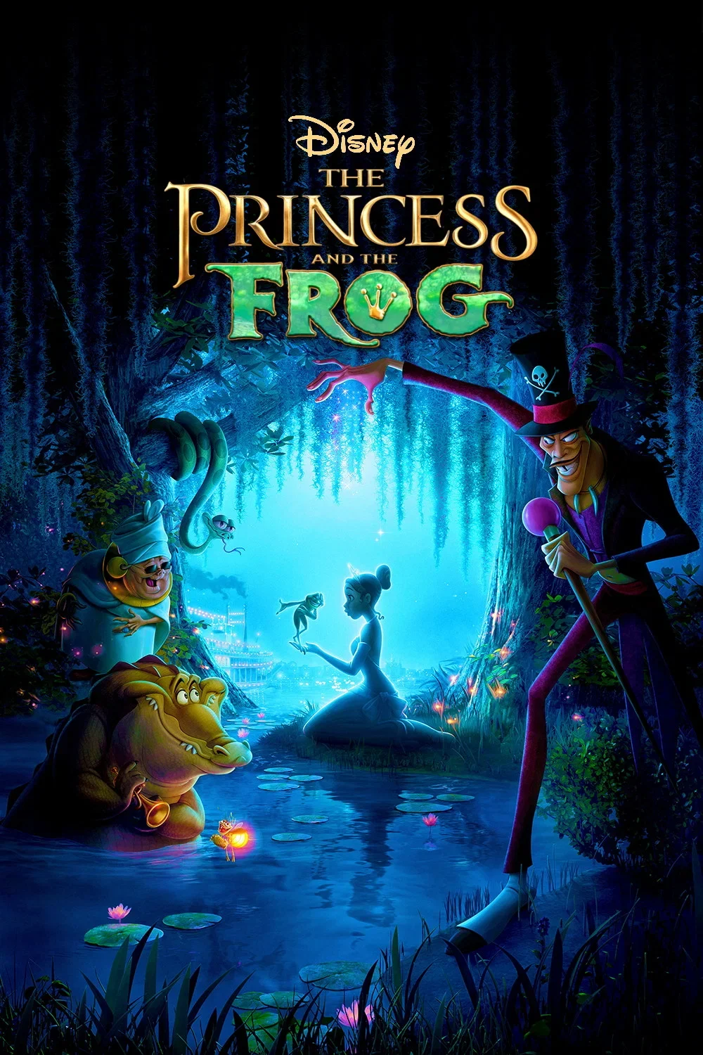 Movie poster for Disney's "The Princess and the Frog" featuring a forest scene with a princess, a frog, a woman with a turban, a crocodile, and a tall man with a top hat holding a microphone.