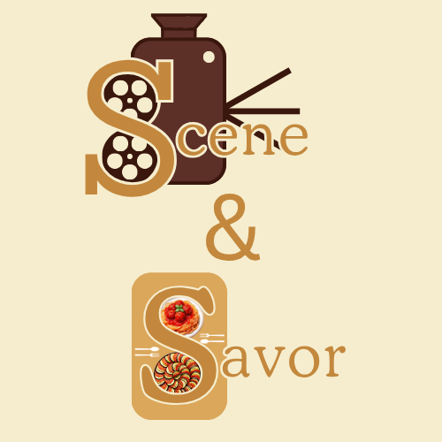 Graphic design with a film reel, a film canister, and text that reads 'Scene & Flavor,' with an image of tomatoes and a coupon or gift card.