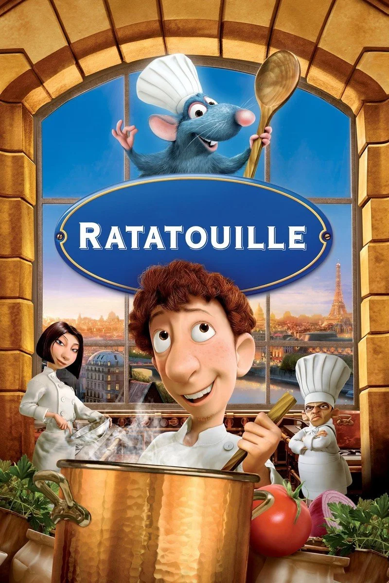 Animated poster for the movie Ratatouille featuring a rat in a chef's hat and apron holding a large spoon, a young male chef stirring a pot, a female chef holding a utensil, and another chef with a stern expression wearing a tall hat, with Paris landmarks in the background.