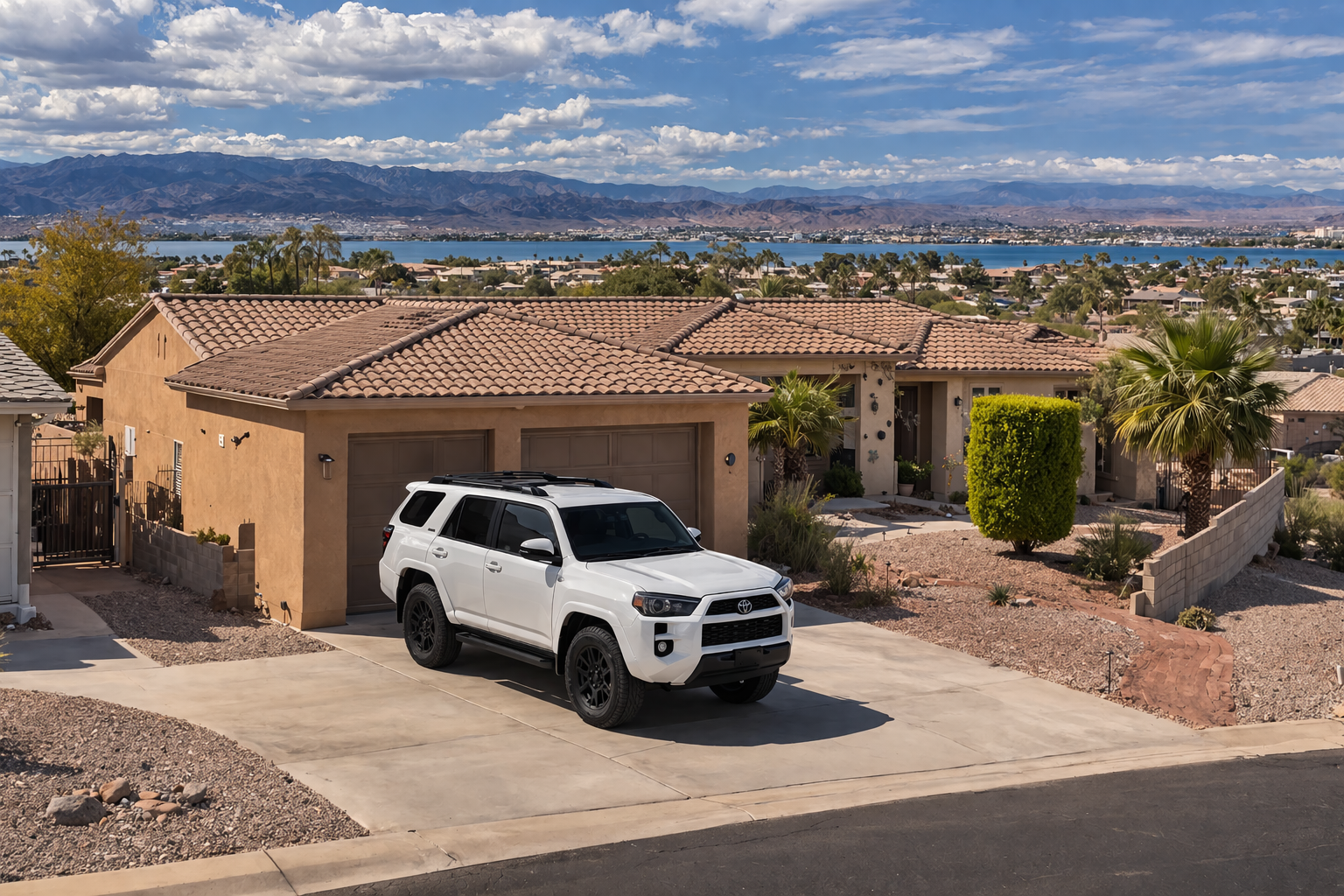 Front view of a suburban house with a white SUV parked in the driveway, desert landscaping, palm trees, and a mountain range with a lake in the background under a partly cloudy sky.