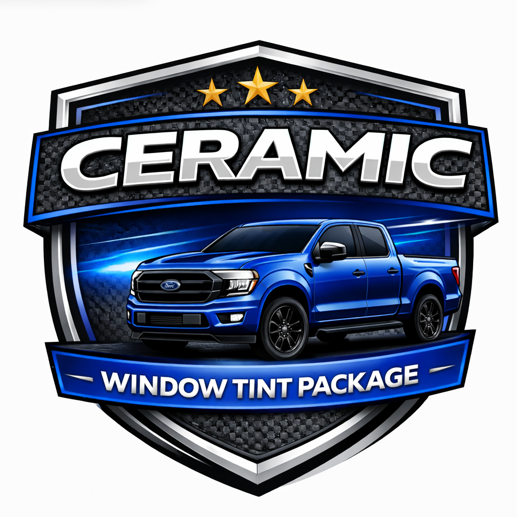 A branded badge for a ceramic window tint package featuring a blue Ford pickup truck with a sleek design and four gold stars above the text.