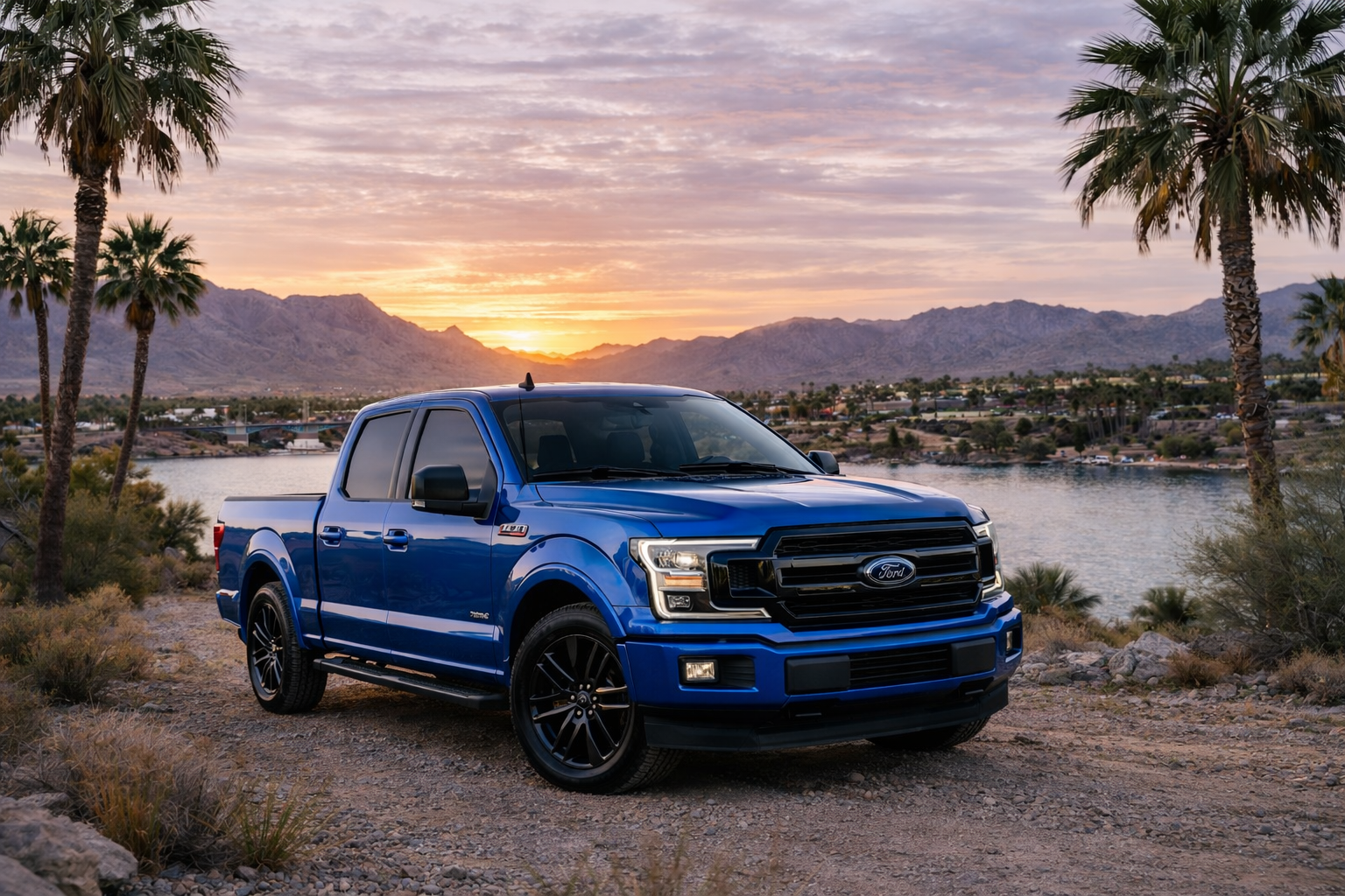 A blue Ford pickup truck parked on a gravel path near a body of water during sunset, with palm trees and mountains in the background.