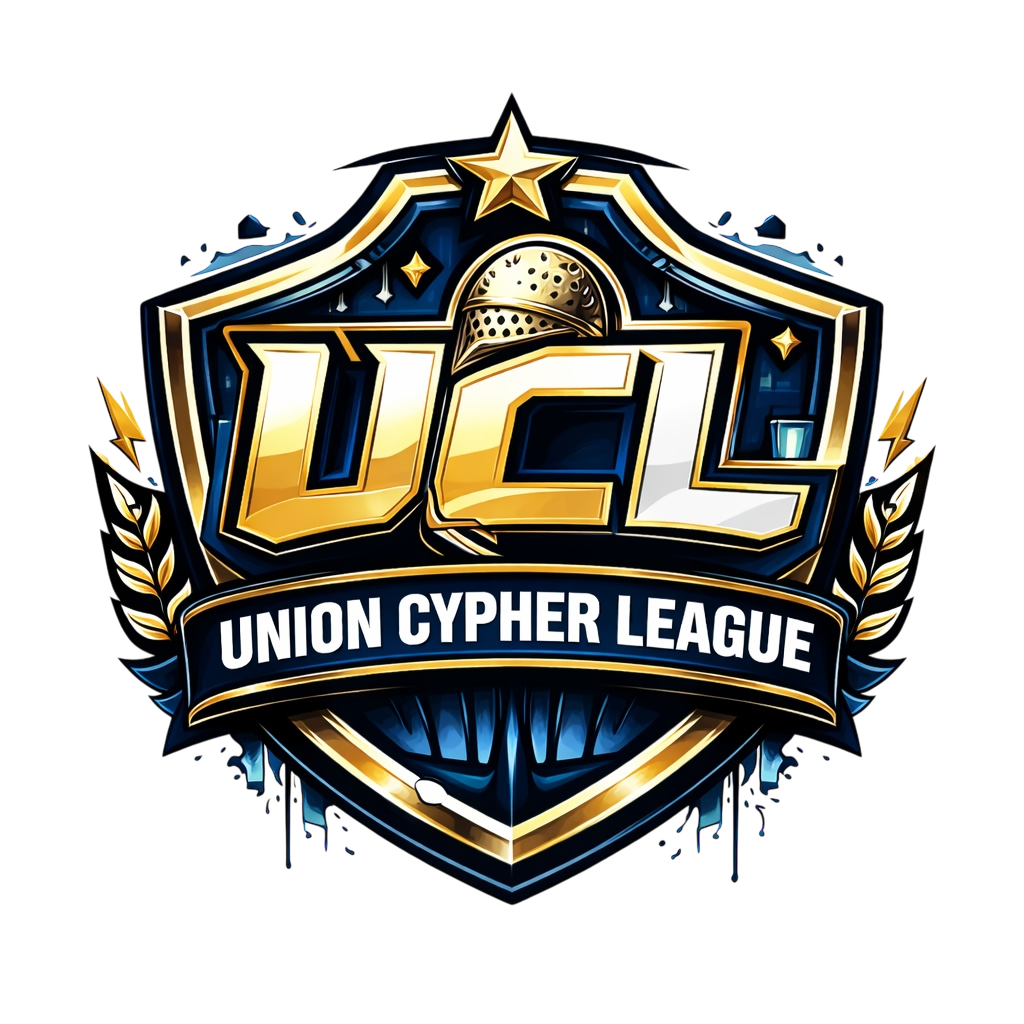 Logo for the Union Cypher League (UCL) with a microphone, star, laurel wreaths, and a shield in gold, black, and blue colors.