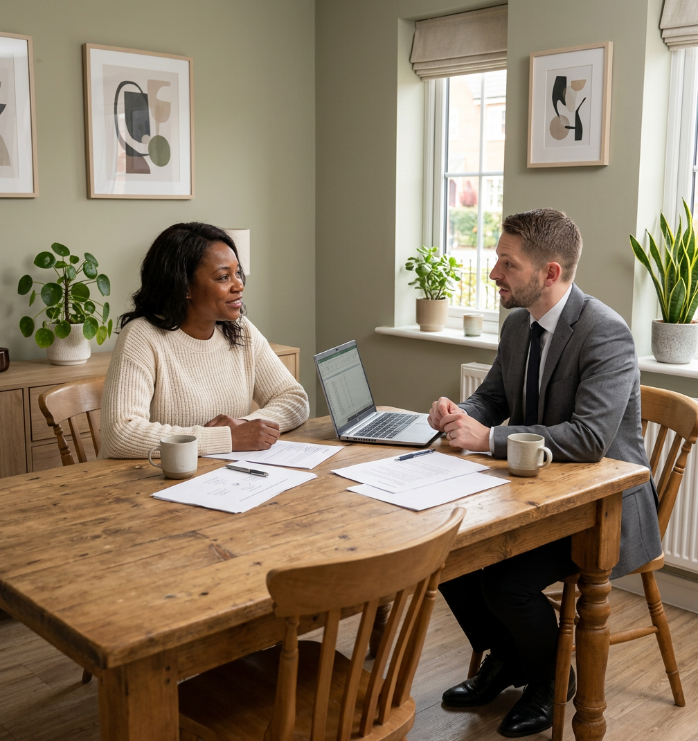 A woman and a man having a meeting at a wooden table in a well-lit room with plants and abstract framed art on the walls.