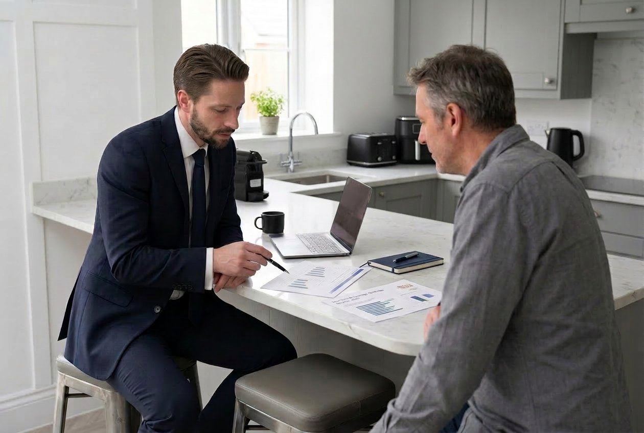 Two men sit at a kitchen island, reviewing documents and working on a laptop during a business meeting.