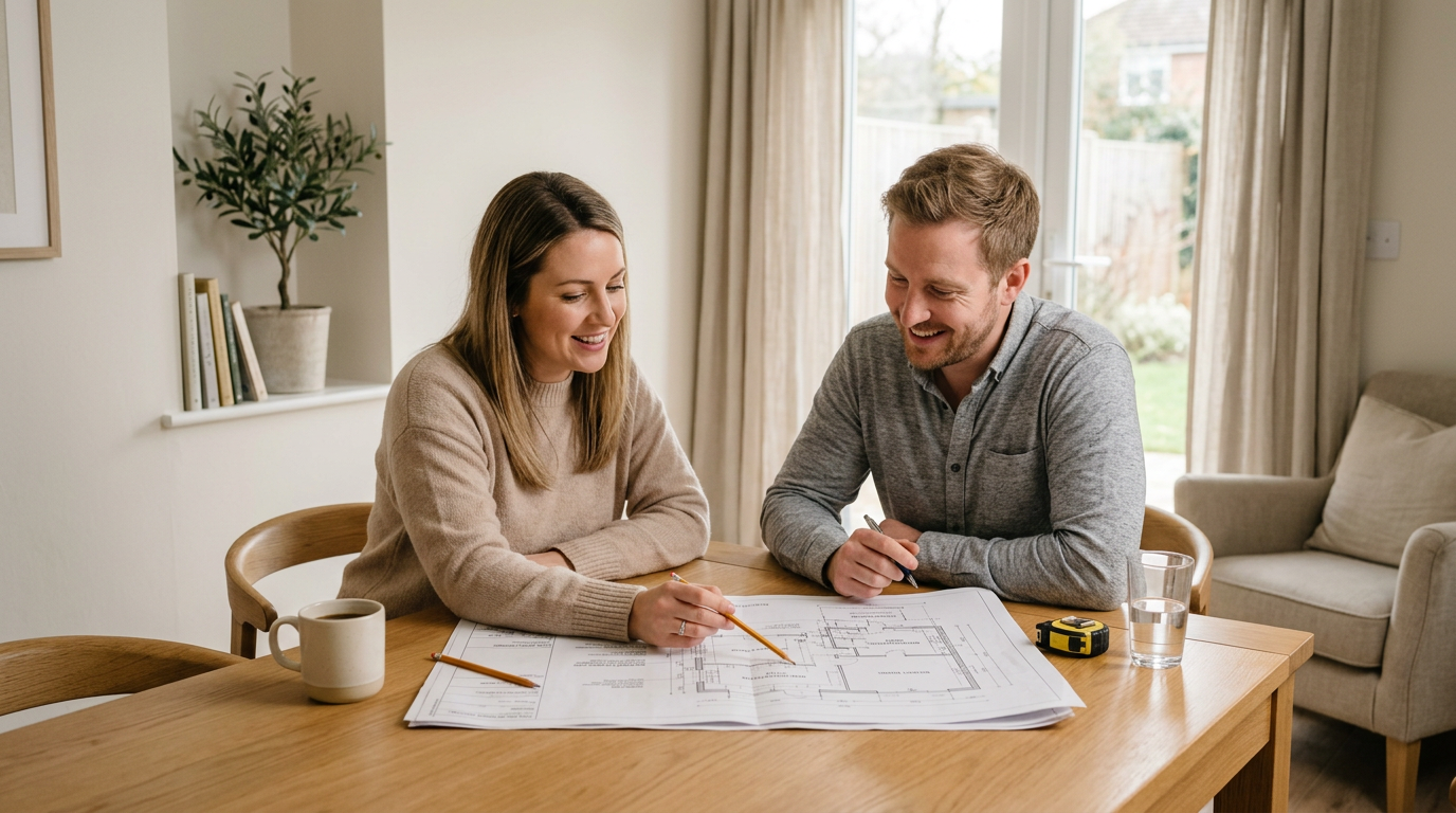 A man and woman at a dining table with blueprints, pencils, a measuring tape, a glass of water, and a coffee mug, discussing home plans in a bright, cozy living room.