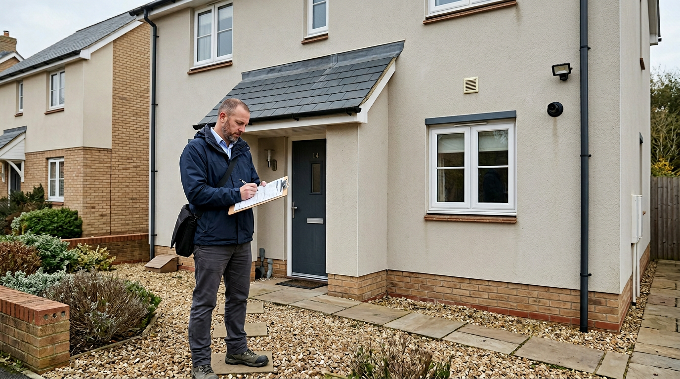 A man is standing outside a beige house, writing on a clipboard, with a black shoulder bag.