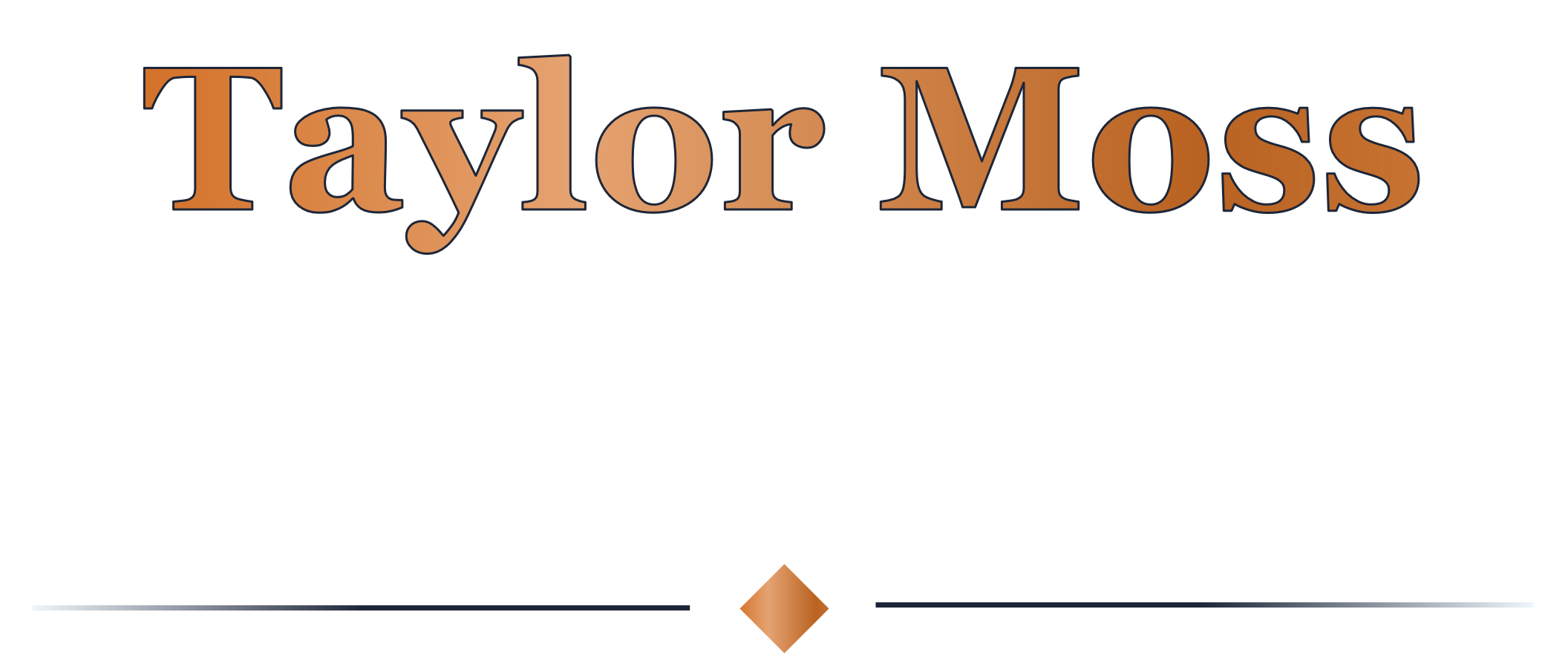 Business card for Taylor Moss, independent financial advisor with a black background, large brown name, white title, and decorative orange diamond and line elements.