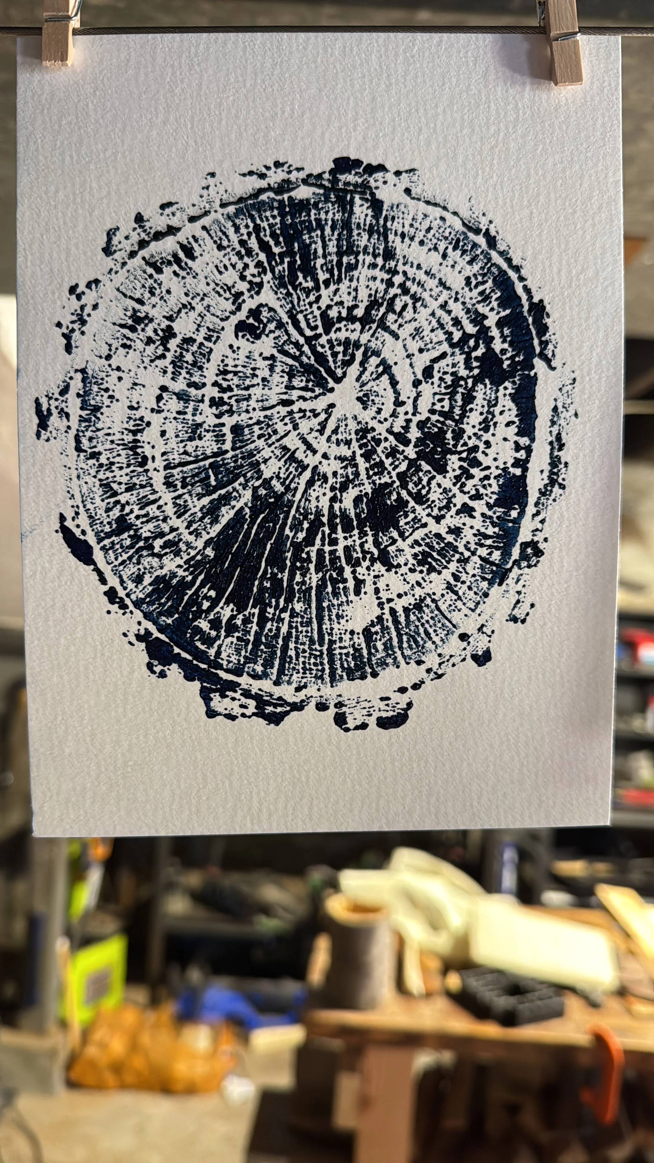 A black ink stamp of a tree cross-section showing tree rings, mounted on a white card hanging on a clothesline with wooden clothespins.