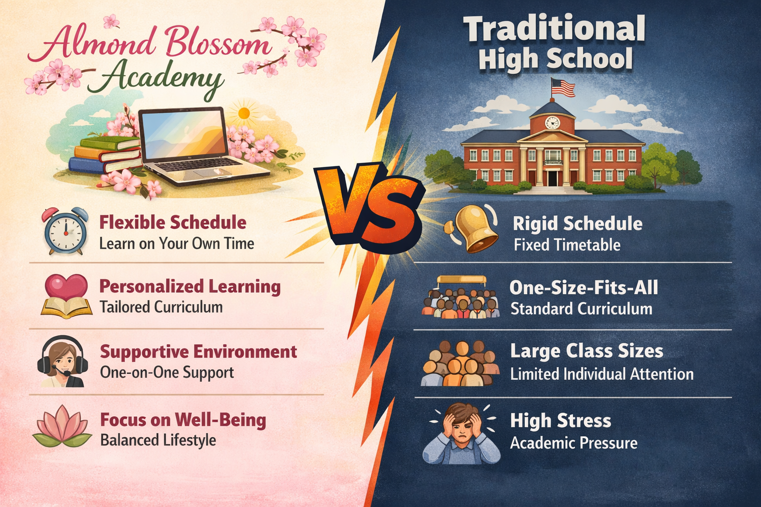 Comparison chart of Almond Blossom Academy and Traditional High School. Almond Blossom Academy offers flexible schedule, personalized learning, supportive environment, and focus on well-being. Traditional High School has rigid schedule, standard curriculum, large class sizes, and high stress.