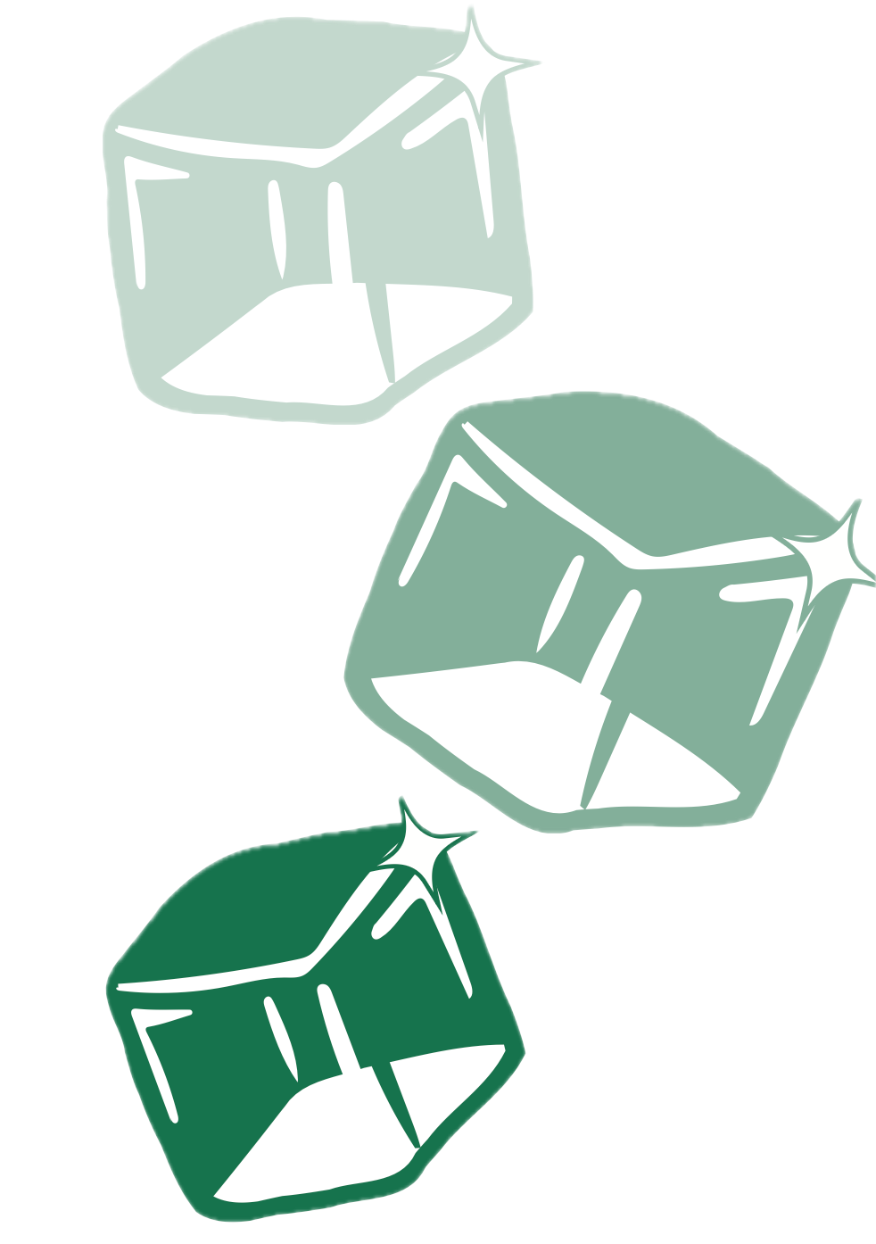 Ilustración digital de tres cubos de hielo de diferentes tamaños y colores, uno gris, uno verde claro y uno oscuro, en un estilo minimalista.