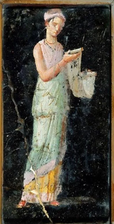 Faded antique painting of a woman in a dress holding a paper or book while standing.