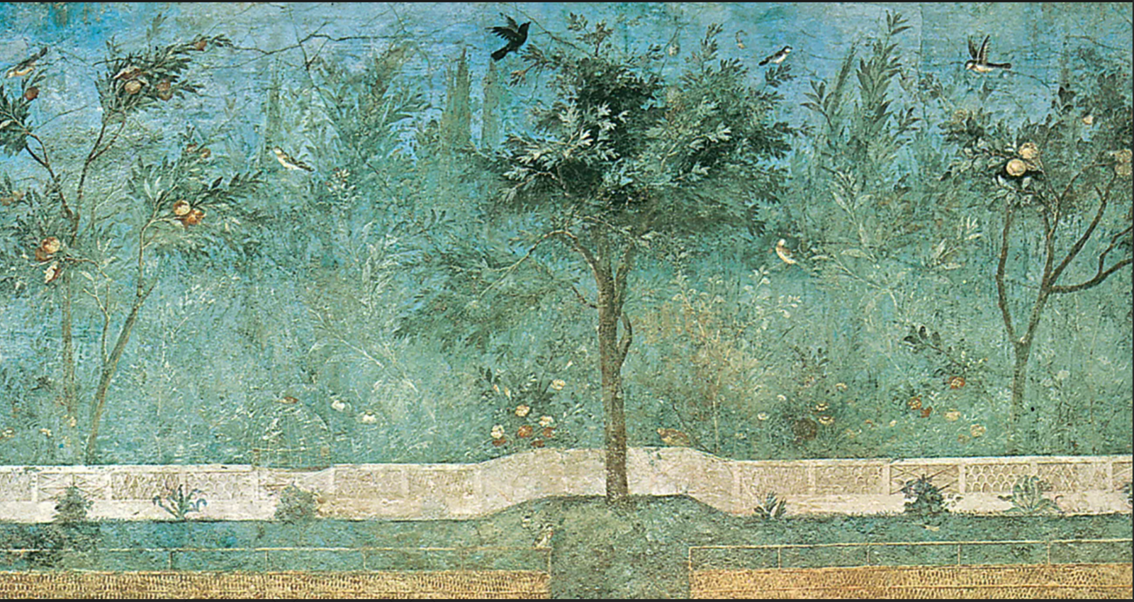 A classical mural painting of a garden scene featuring trees, birds, and a decorative wall at the bottom.