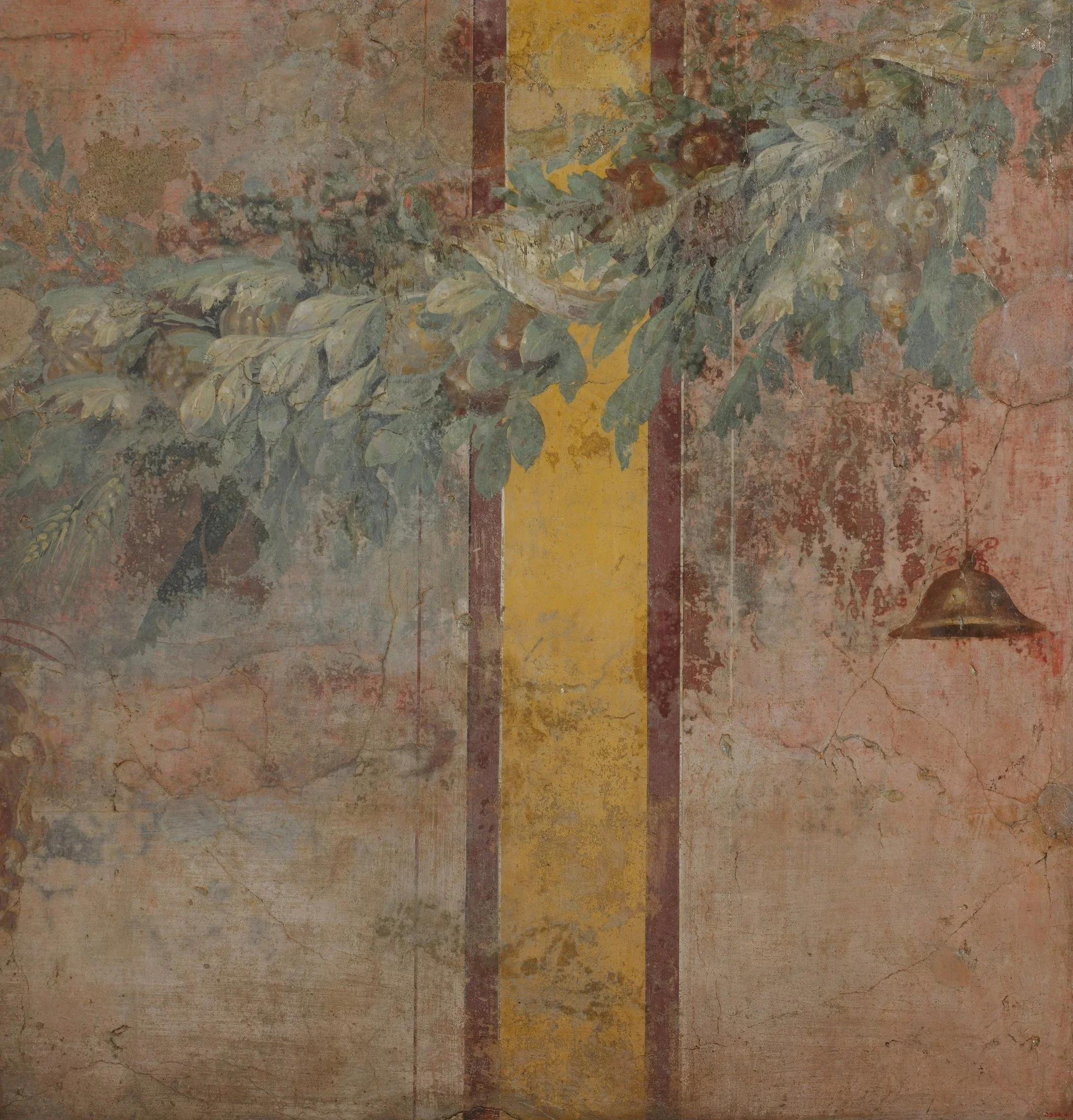 Faded mural painted on weathered stone wall, depicting botanical elements with leaves and floral motifs, in earthy tones of brown, green, yellow, and red.