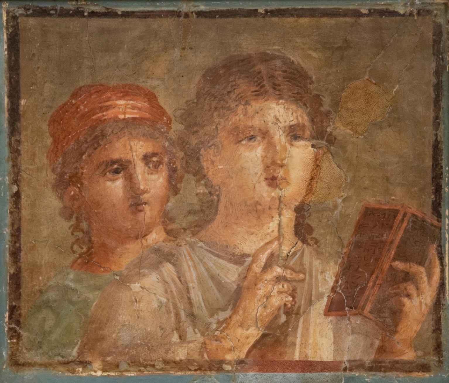 An ancient fresco of two women, one holding a book, with visible cracks and deterioration.