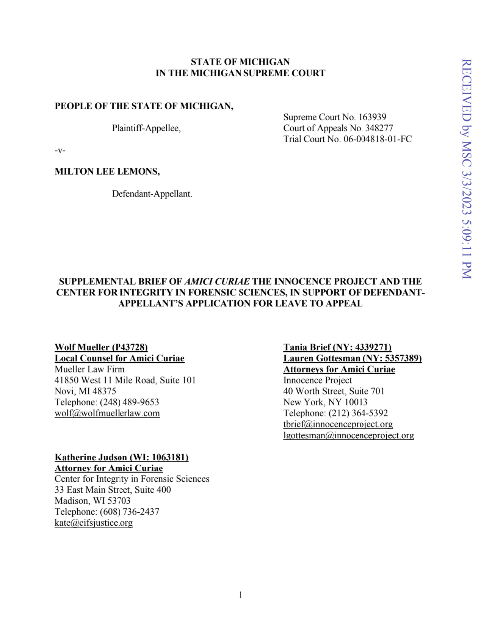 The first page of the second  amicus brief in Chazlee Lemon's case.