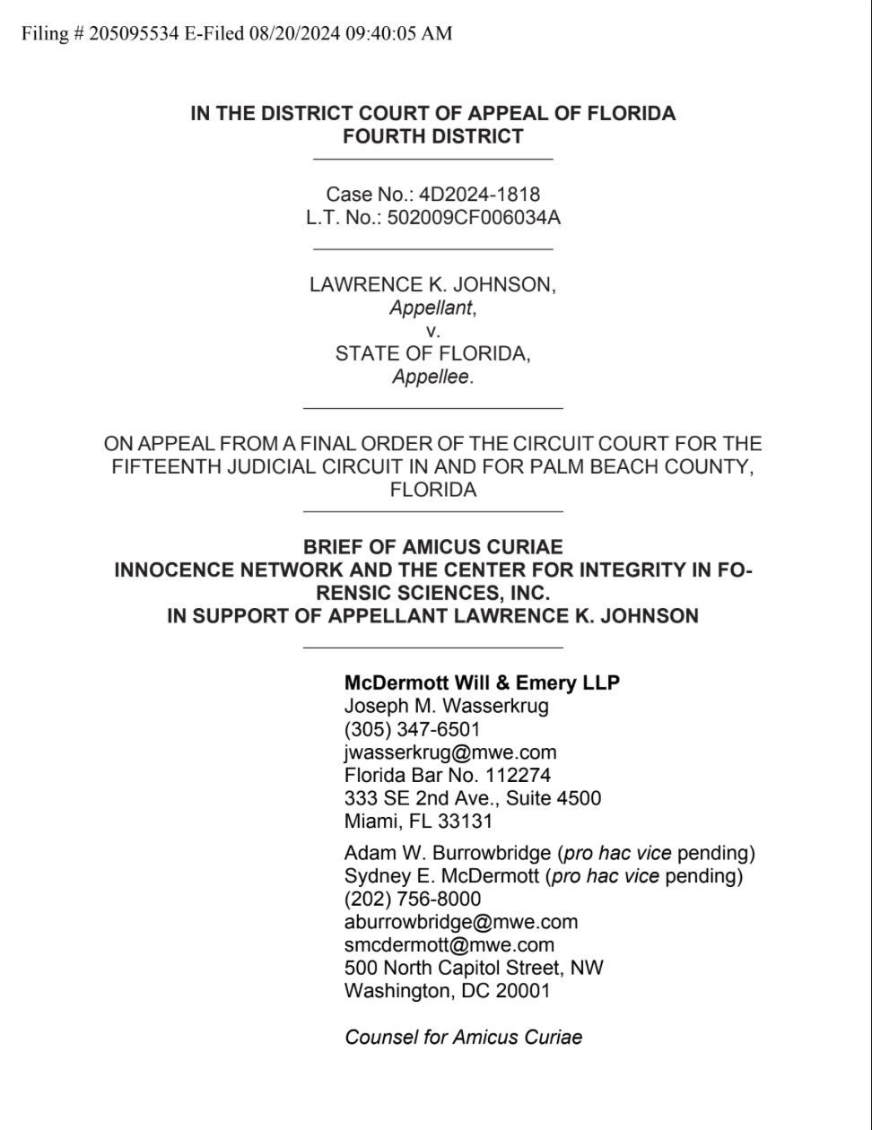 The first page of the amicus brief in Lawrence Keith Johnson's case.