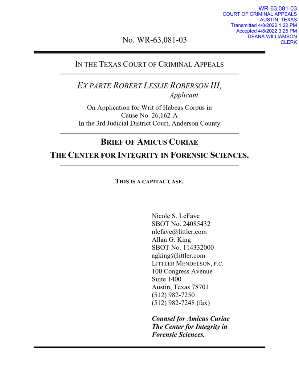 The first page of the amicus brief in Robert Roberson's case.