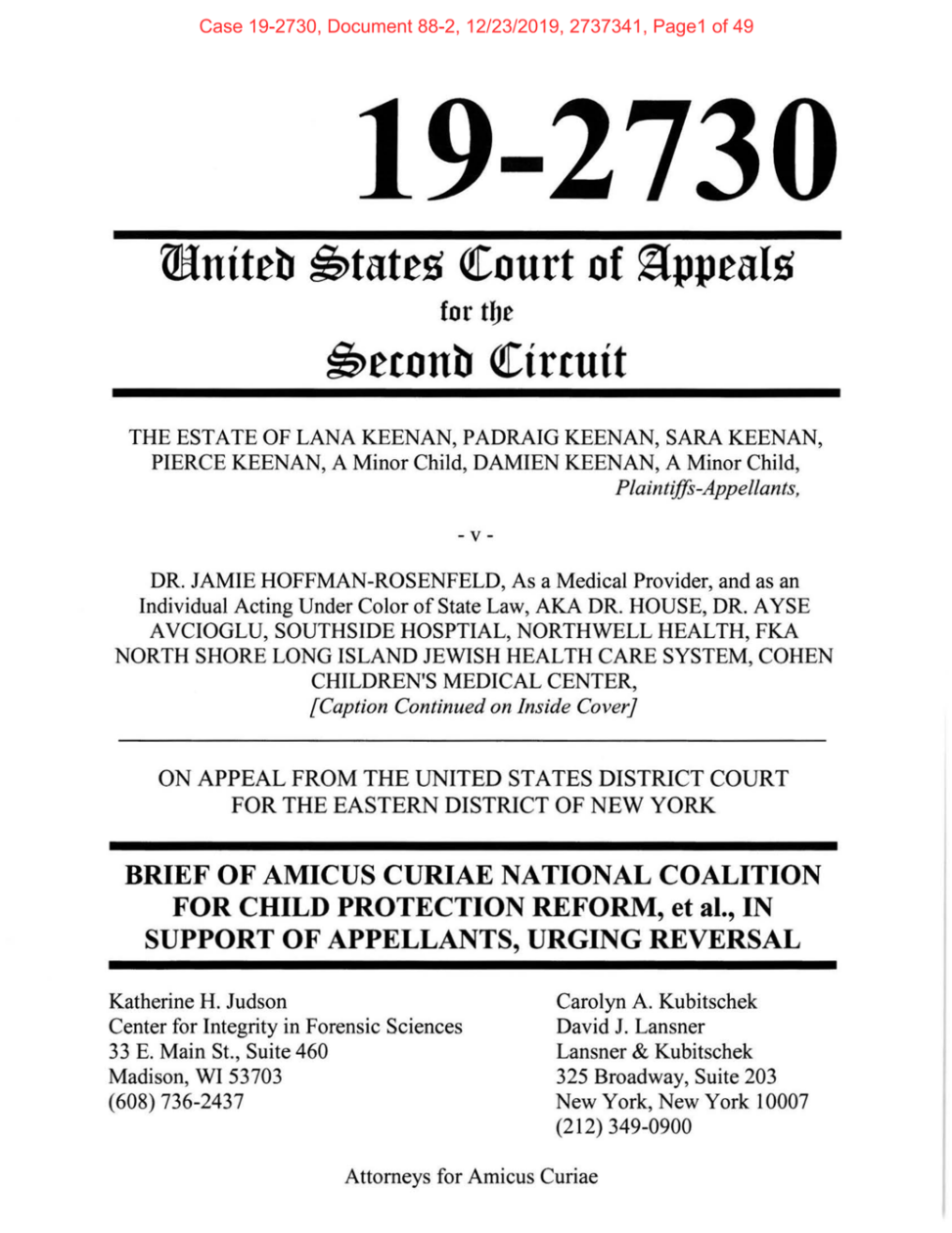 The first page of the amicus brief document in Lana Keegan's case.