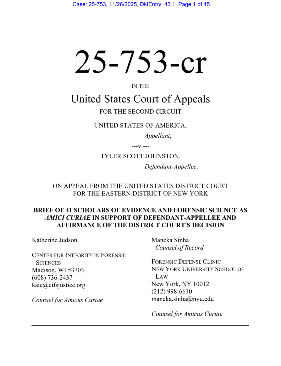 The first page of the amicus brief in Tyler Scott Johnston's case.
