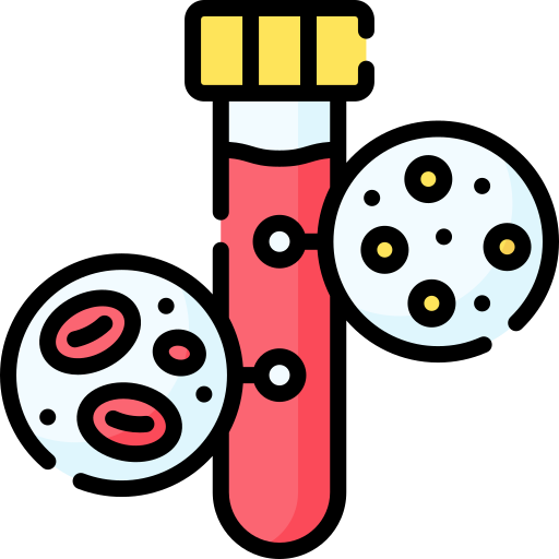 A test tube with pink liquid and two petri dishes containing bacteria.