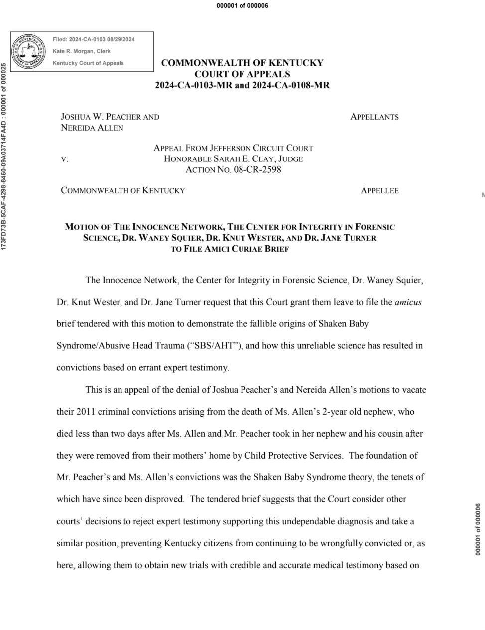 The first page of the amicus brief in Peacher and Allen's case.