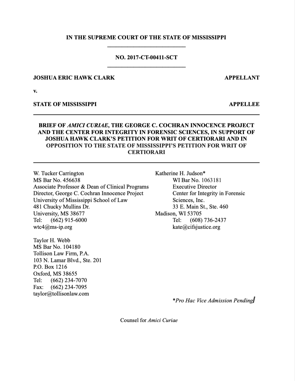 The first page of the amicus brief for Joshua Clark.