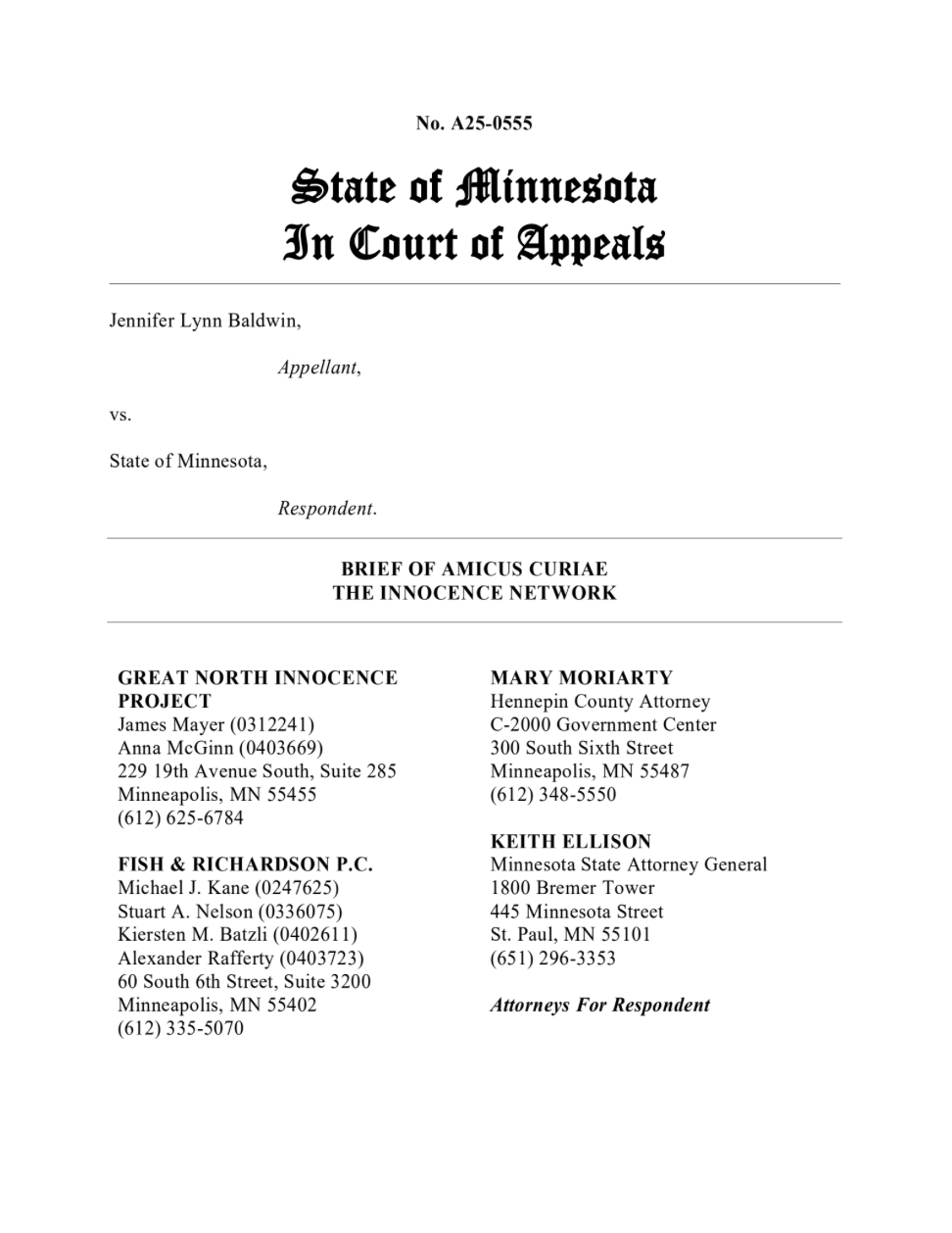 The first page of the amicus brief in Jennifer Baldwin's case.