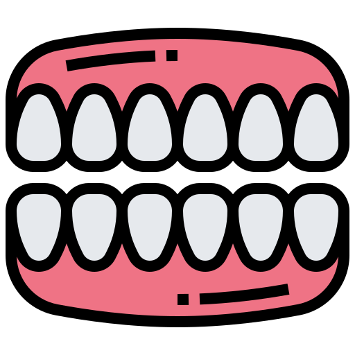 Cartoon illustration of a wide-open mouth showing upper and lower teeth with pink gums.