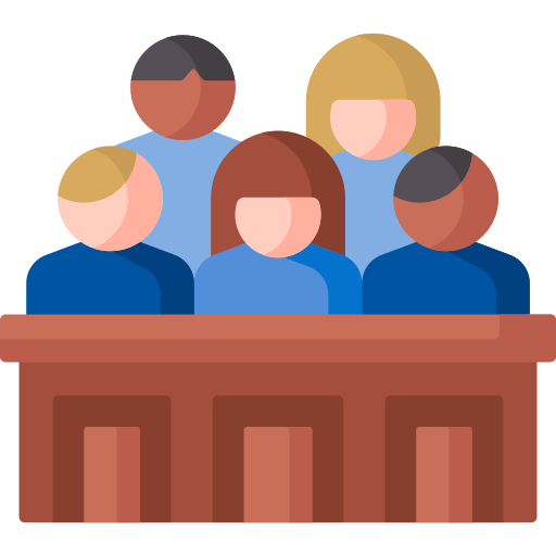 An illustration of five people sitting at a judge's bench in a courtroom.